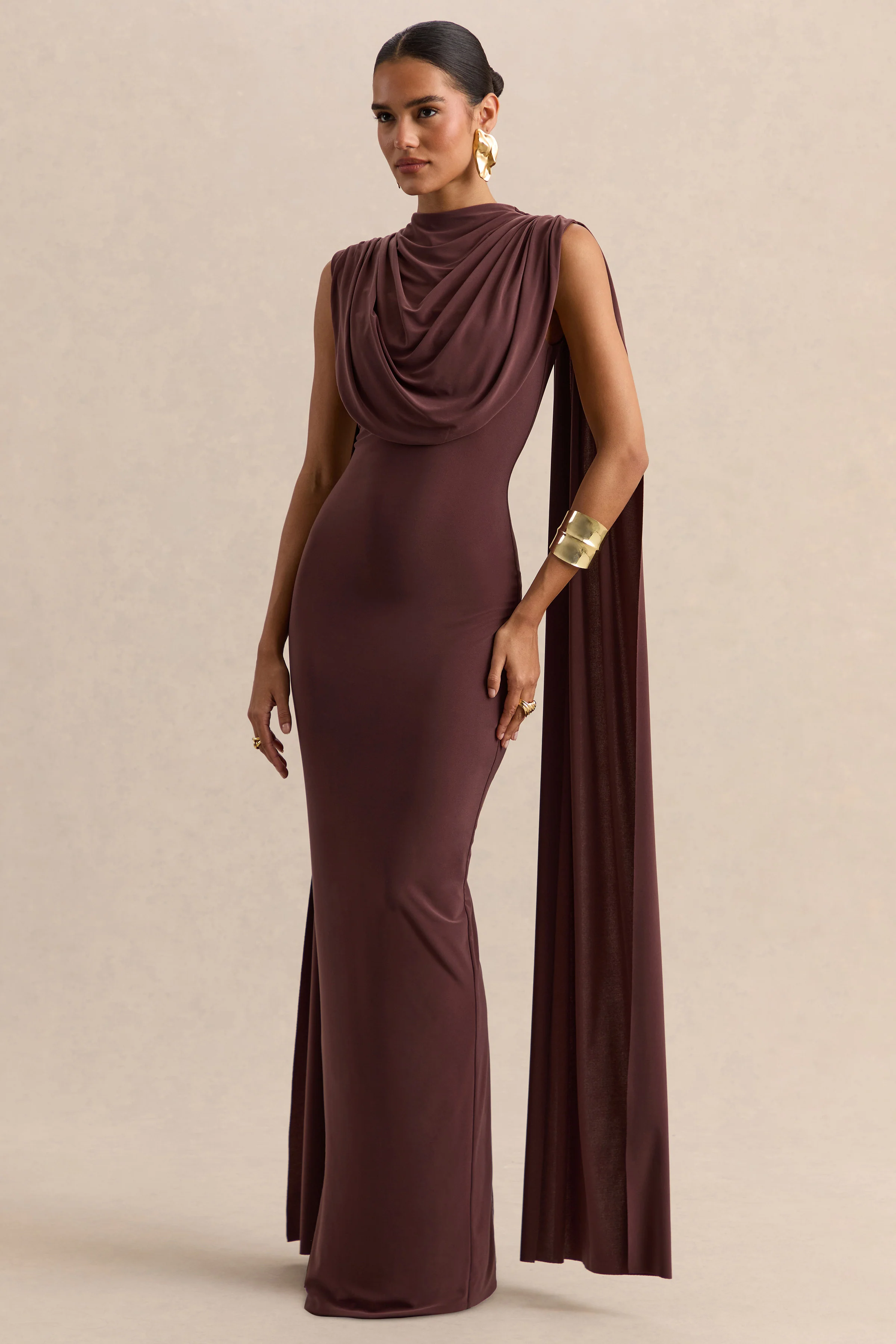 Patrina | Brown High-Neck Maxi Dress With Draped-Detailing And Cape-Sleeves - Image 4