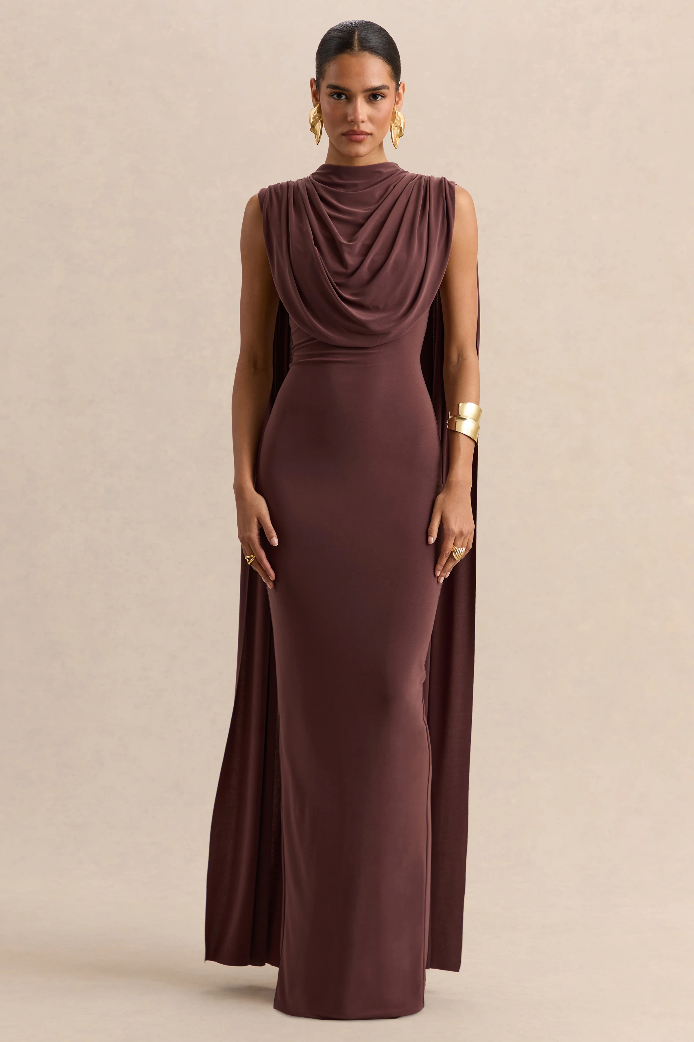 Patrina | Brown High-Neck Maxi Dress With Draped-Detailing And Cape-Sleeves - Image 5