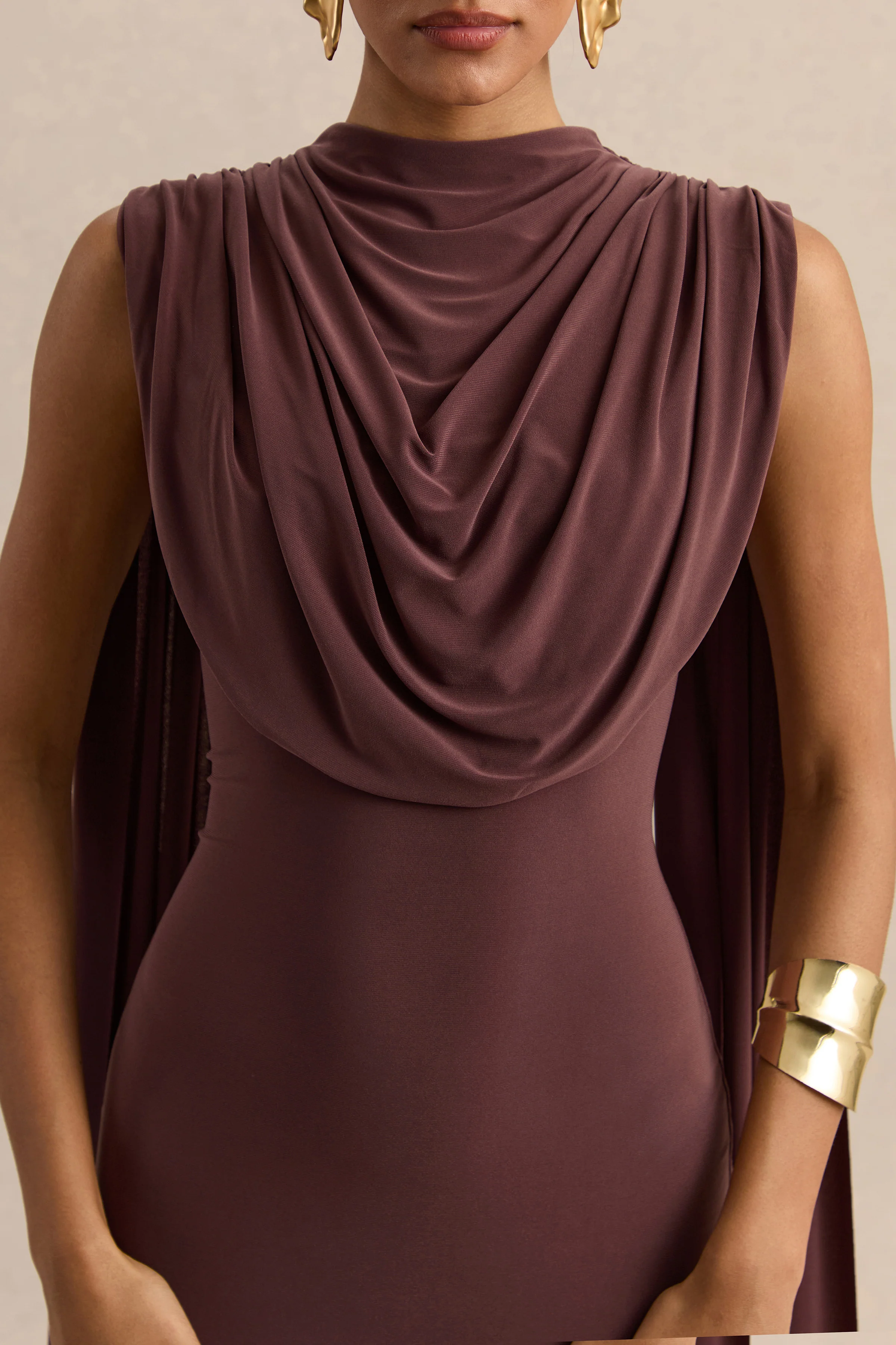 Patrina | Brown High-Neck Maxi Dress With Draped-Detailing And Cape-Sleeves - Image 6