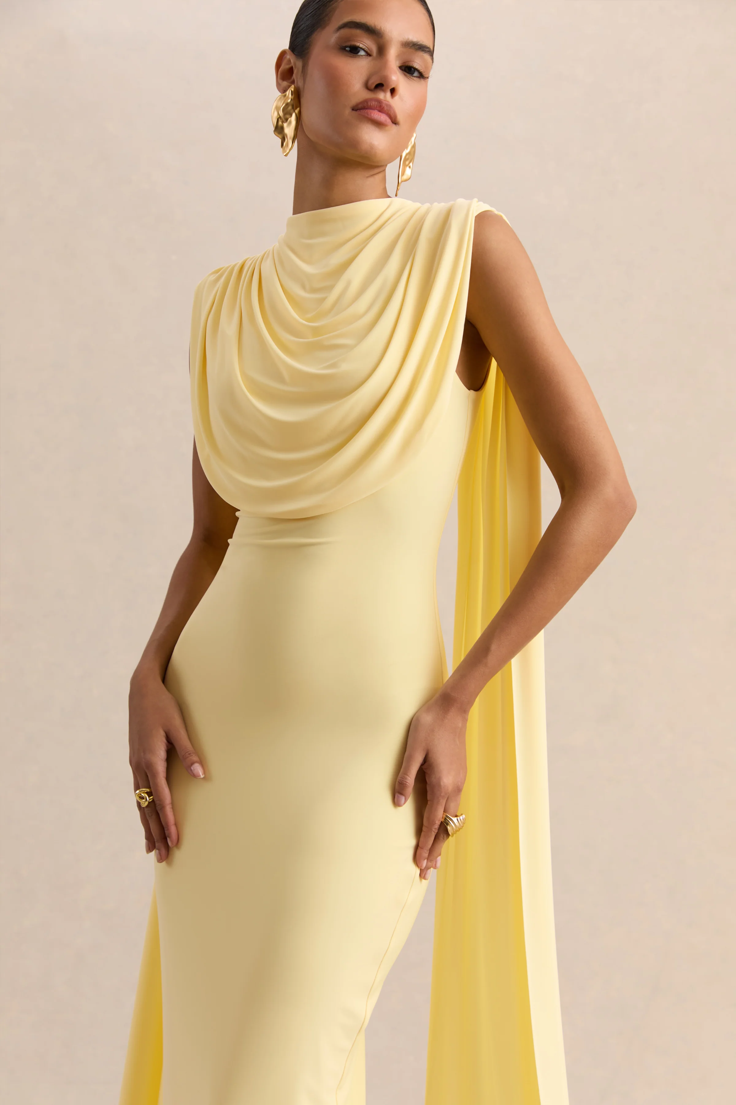Patrina | Lemon High-Neck Maxi Dress With Draped-Detailing And Cape-Sleeves - Image 3