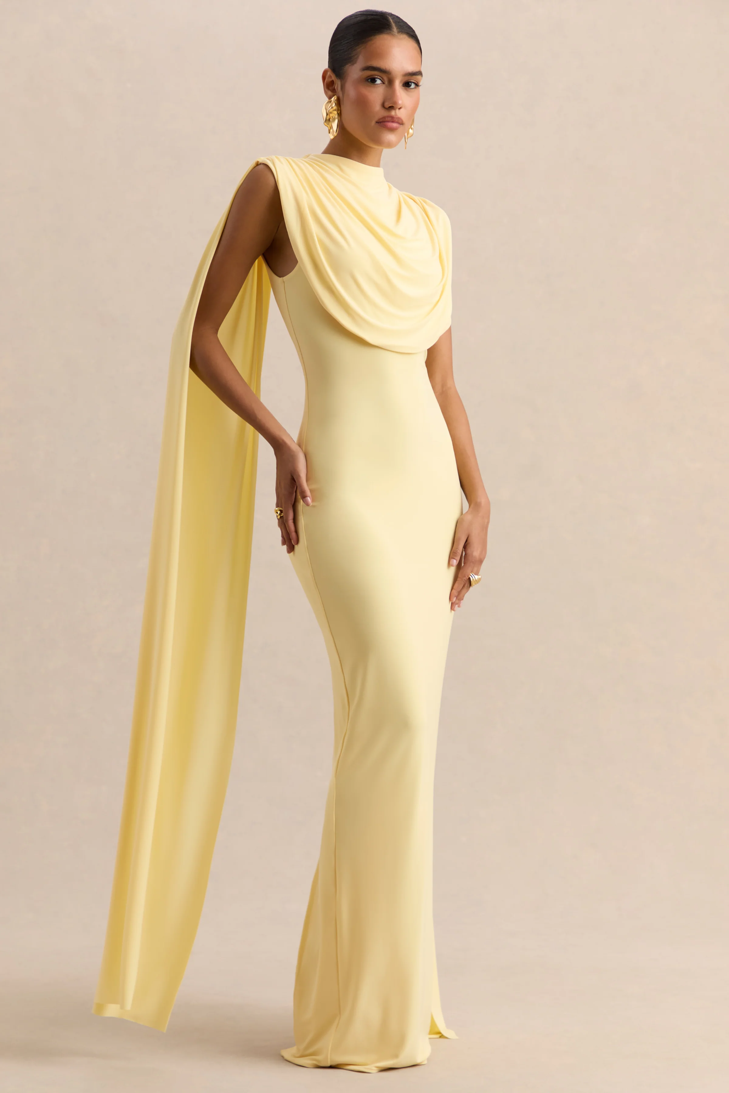 Patrina | Lemon High-Neck Maxi Dress With Draped-Detailing And Cape-Sleeves - Image 4