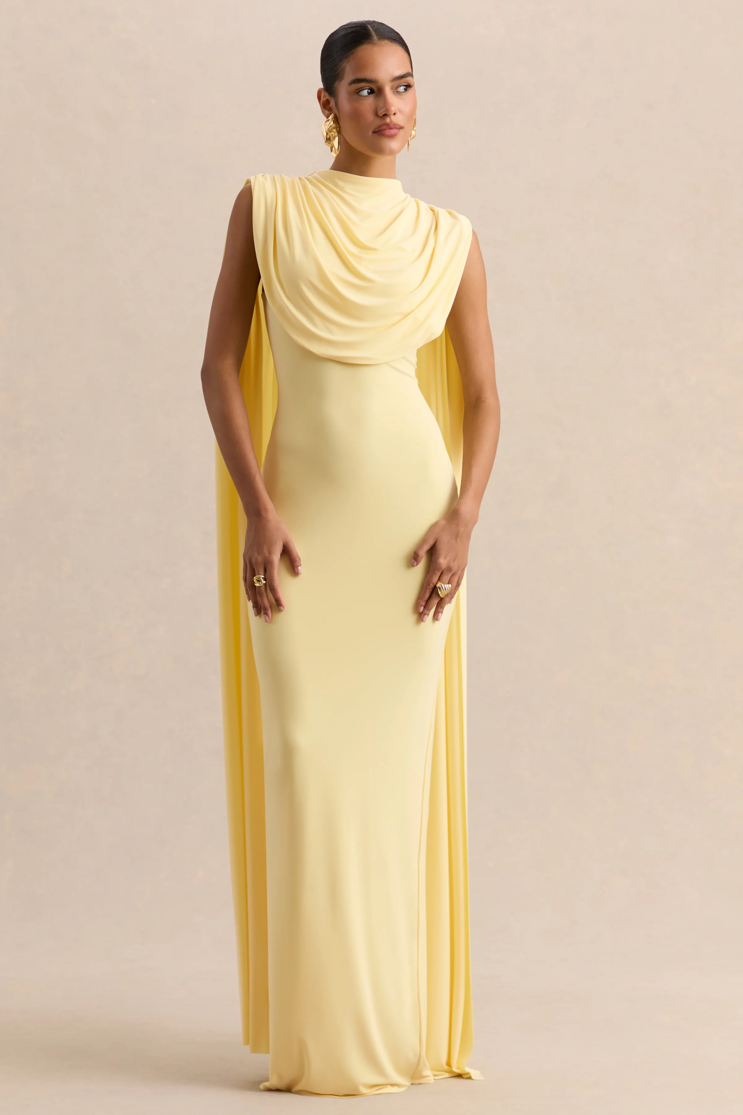 Patrina | Lemon High-Neck Maxi Dress With Draped-Detailing And Cape-Sleeves - Image 5