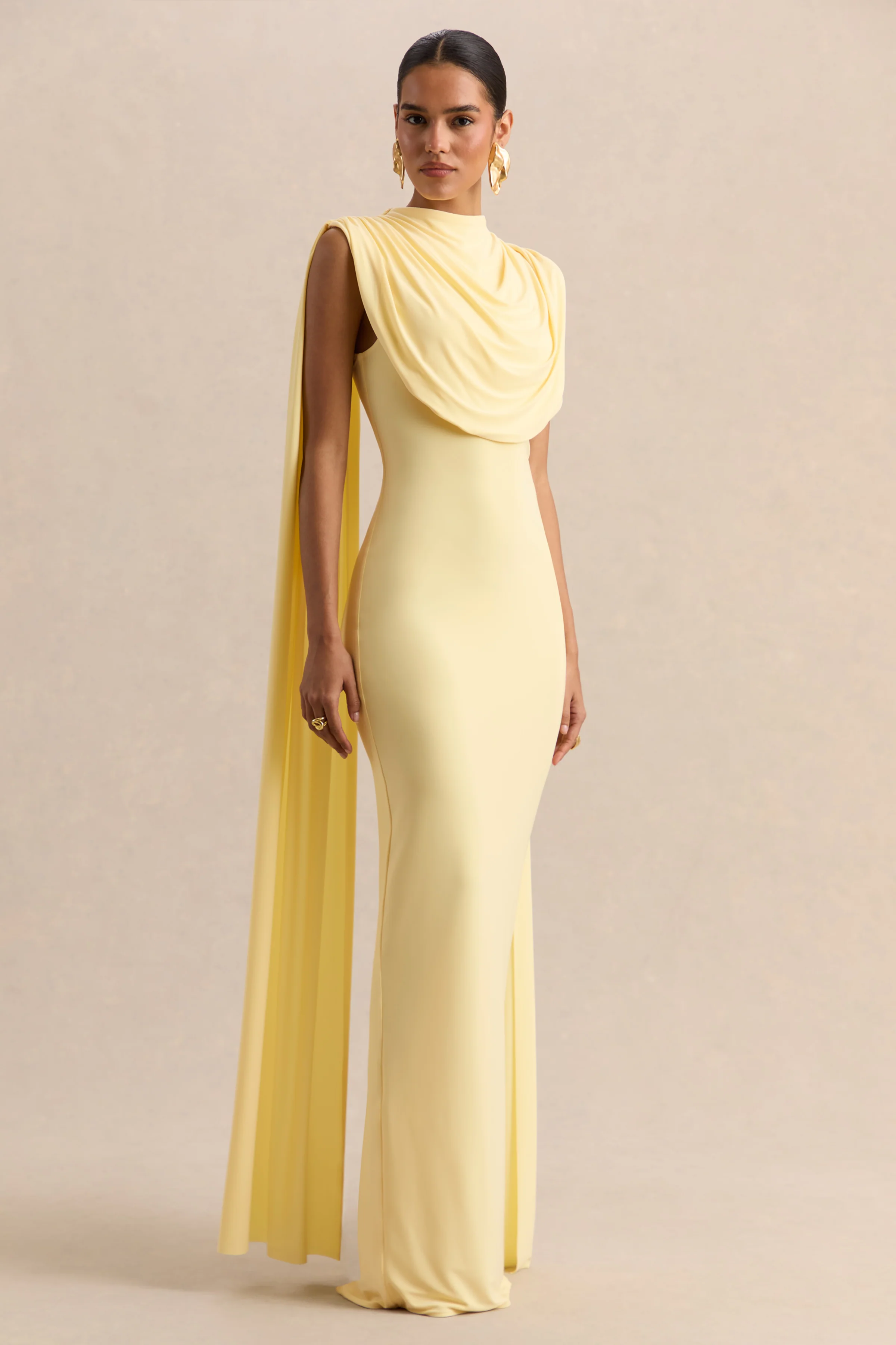 Patrina | Lemon High-Neck Maxi Dress With Draped-Detailing And Cape-Sleeves - Image 6