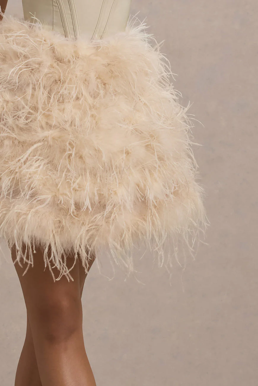 Peaches | Champagne Strapless Mini Dress With Volume Feather Hem - Image 3