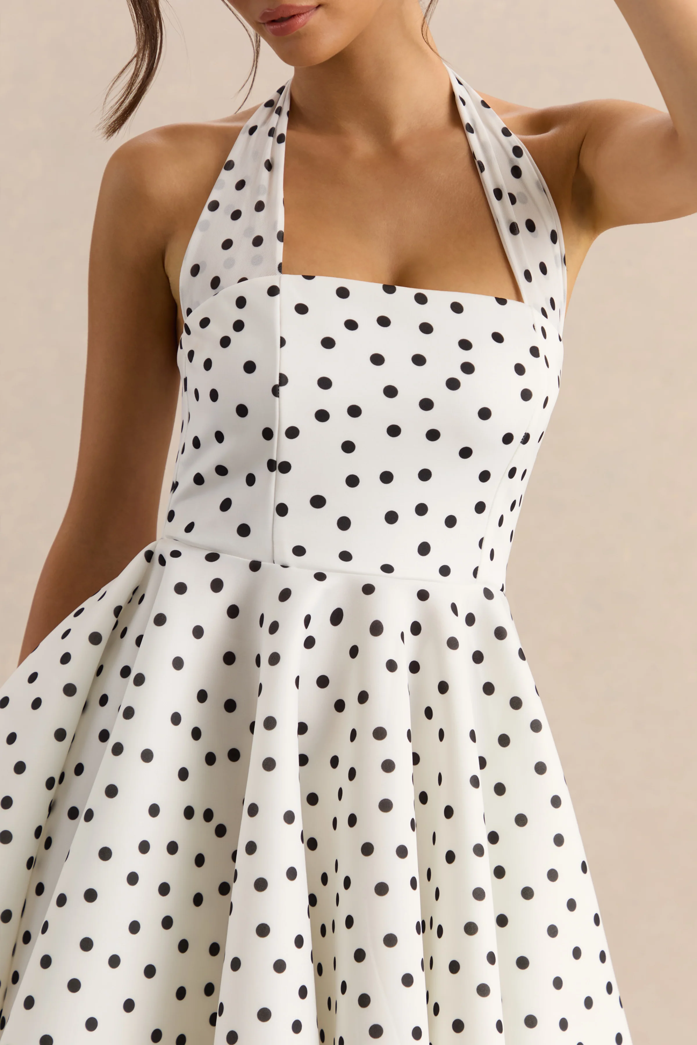Peggy | White & Black Polka Dot Halter-Neck Skater Mini Dress - Image 7