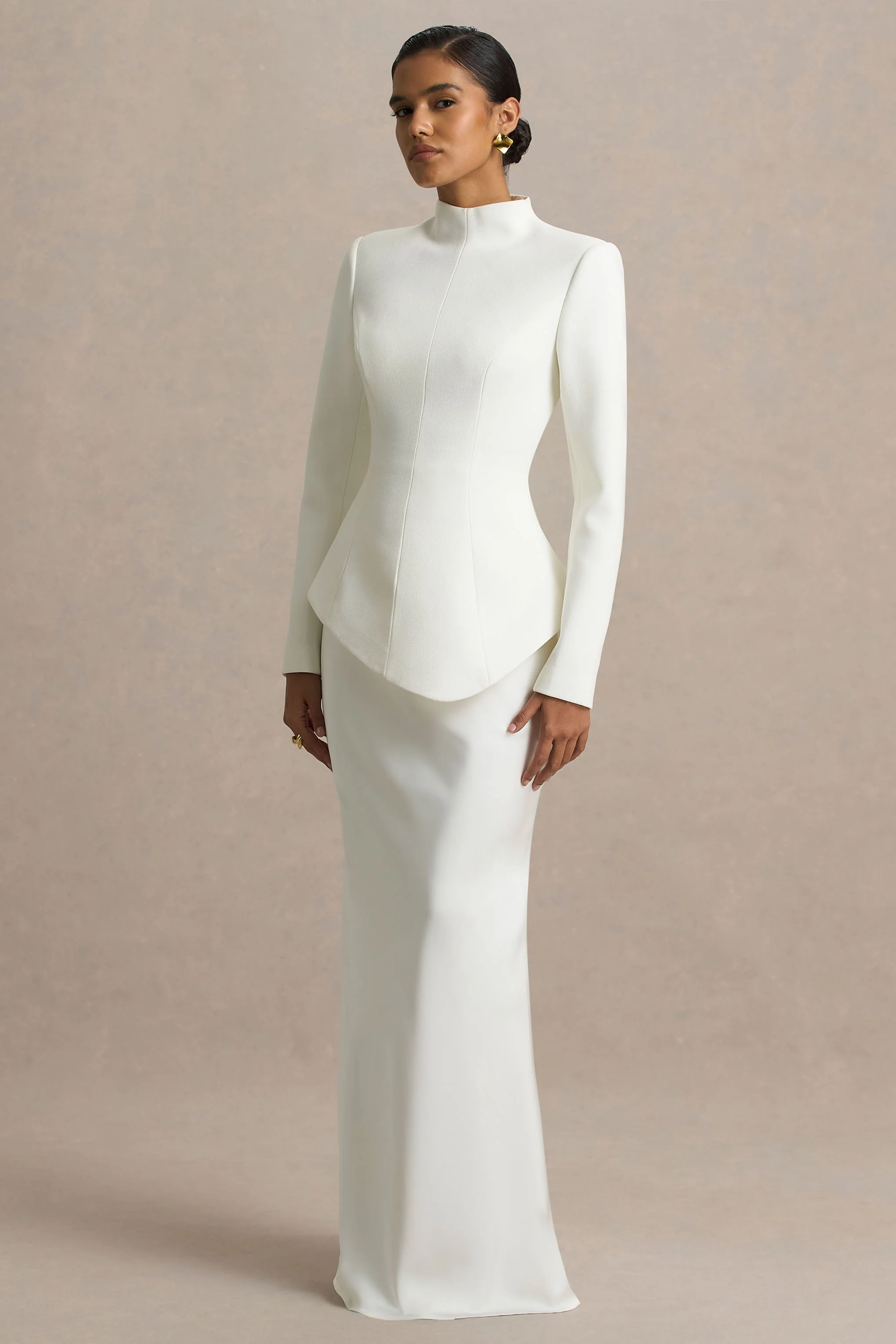 Pepita | Cream High-Neck Tailored Maxi Dress With Drop-Waist And Satin Skirt - Image 2