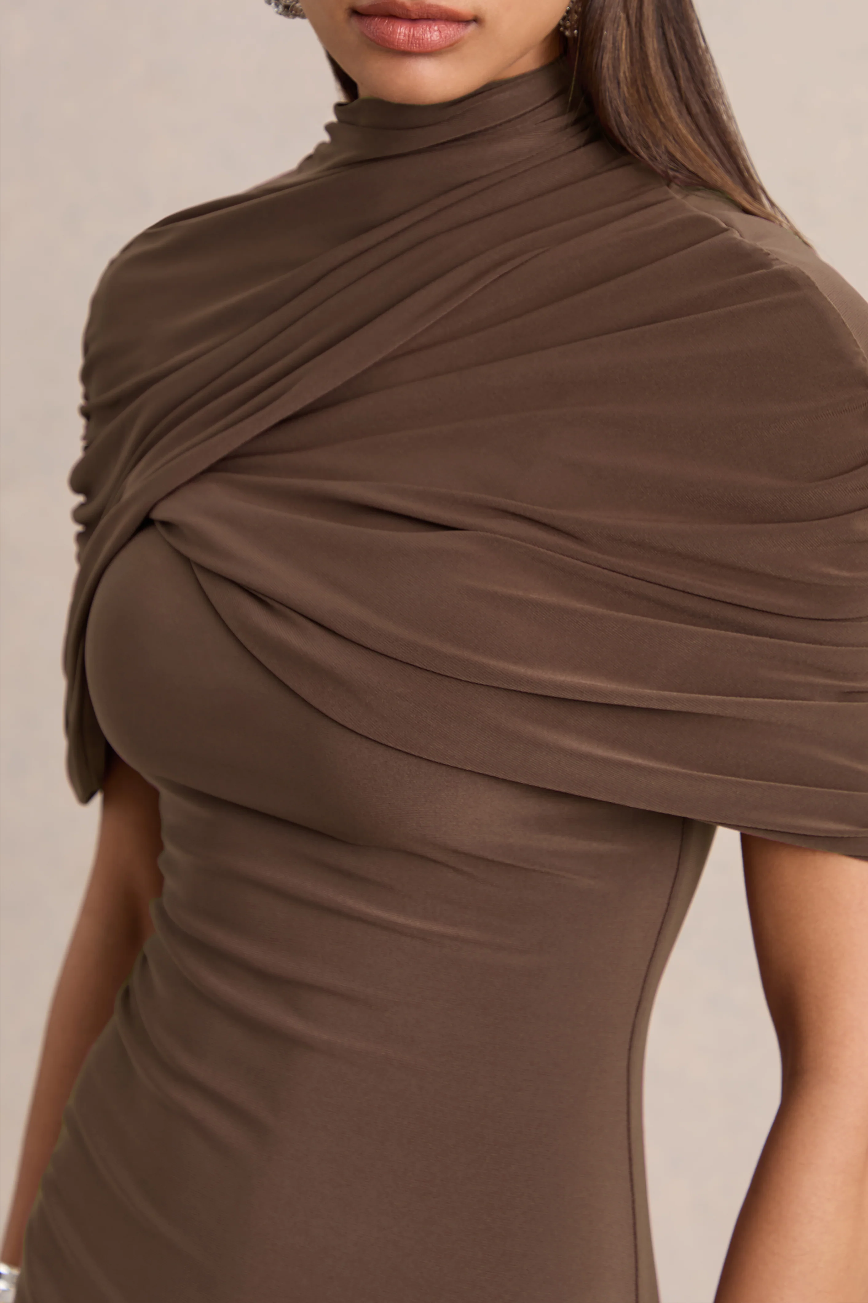 Perdi | Brown Bodycon Mini Dress With Twisted Cape - Image 6