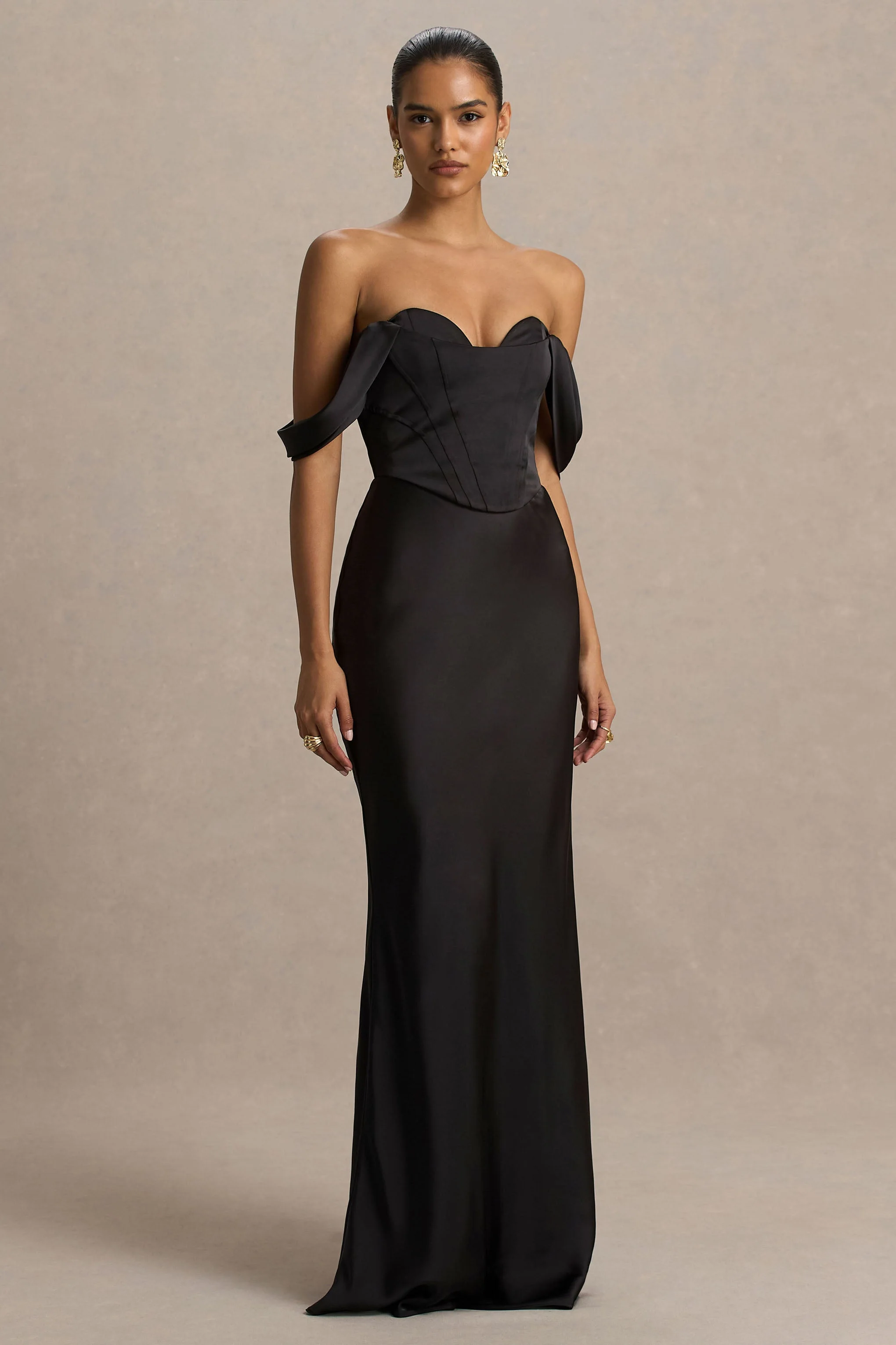 Perenna | Black Satin Sweetheart-Neck Maxi Dress With Draped-Sleeves - Image 5