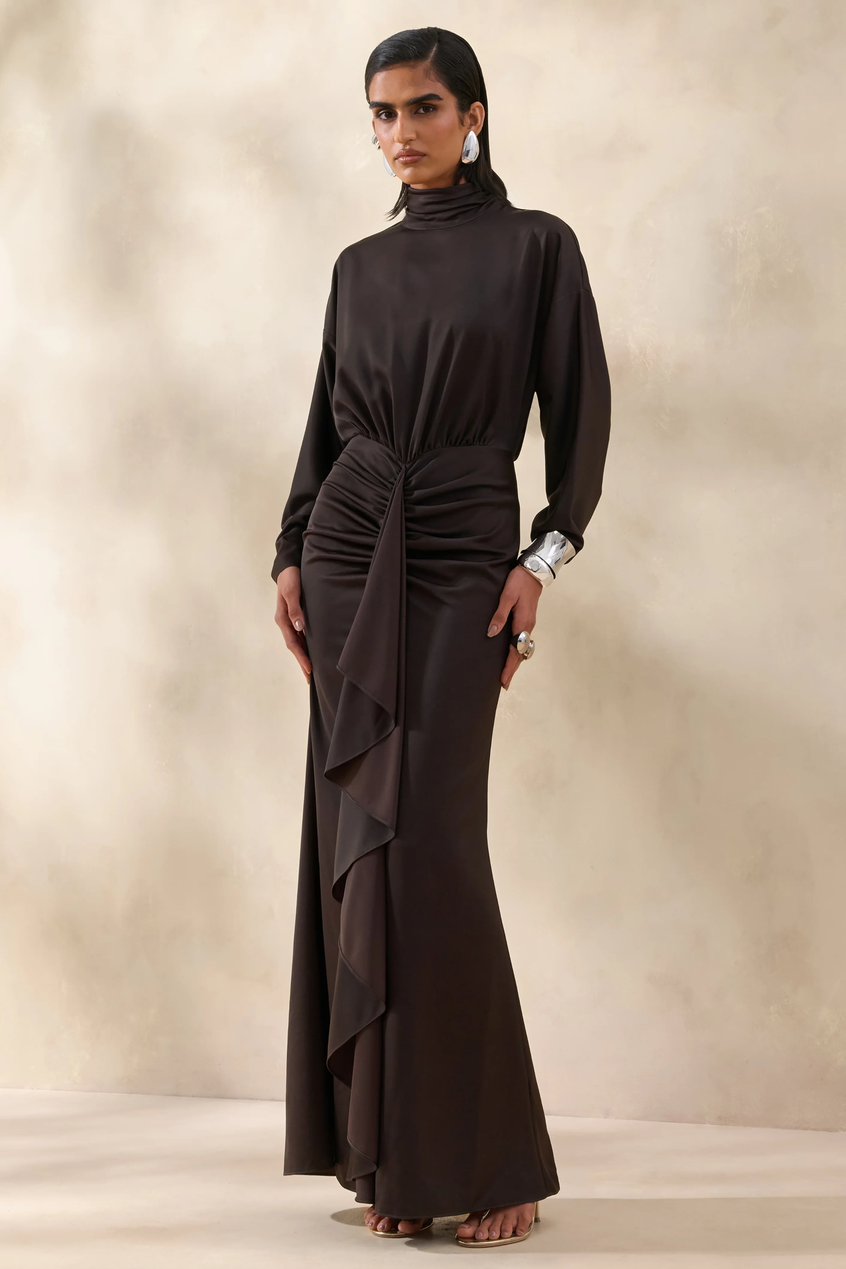Perla | Dark Brown High-Neck Maxi Dress With Gathered-Detailing - Image 5