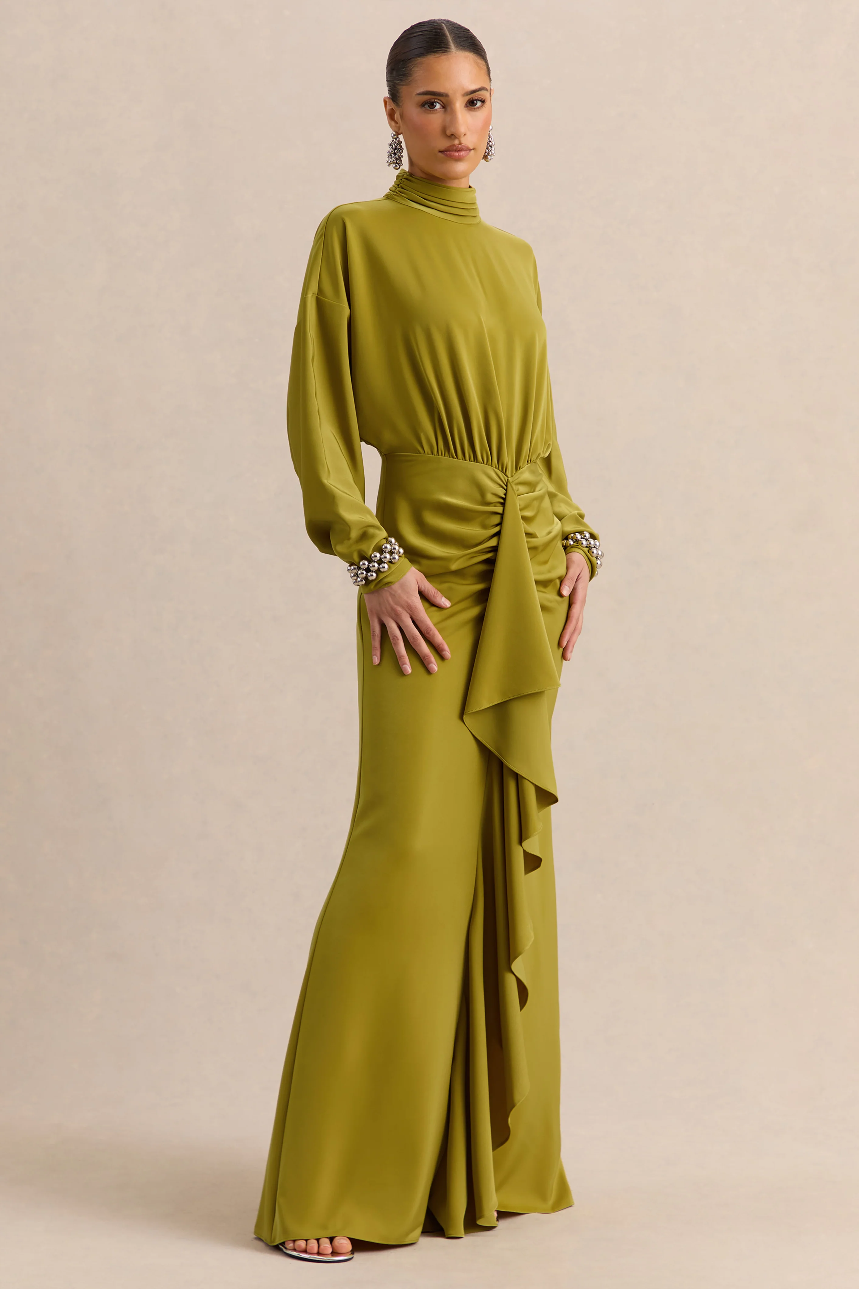 Perla | Olive High-Neck Maxi Dress With Gathered-Detailing - Image 5