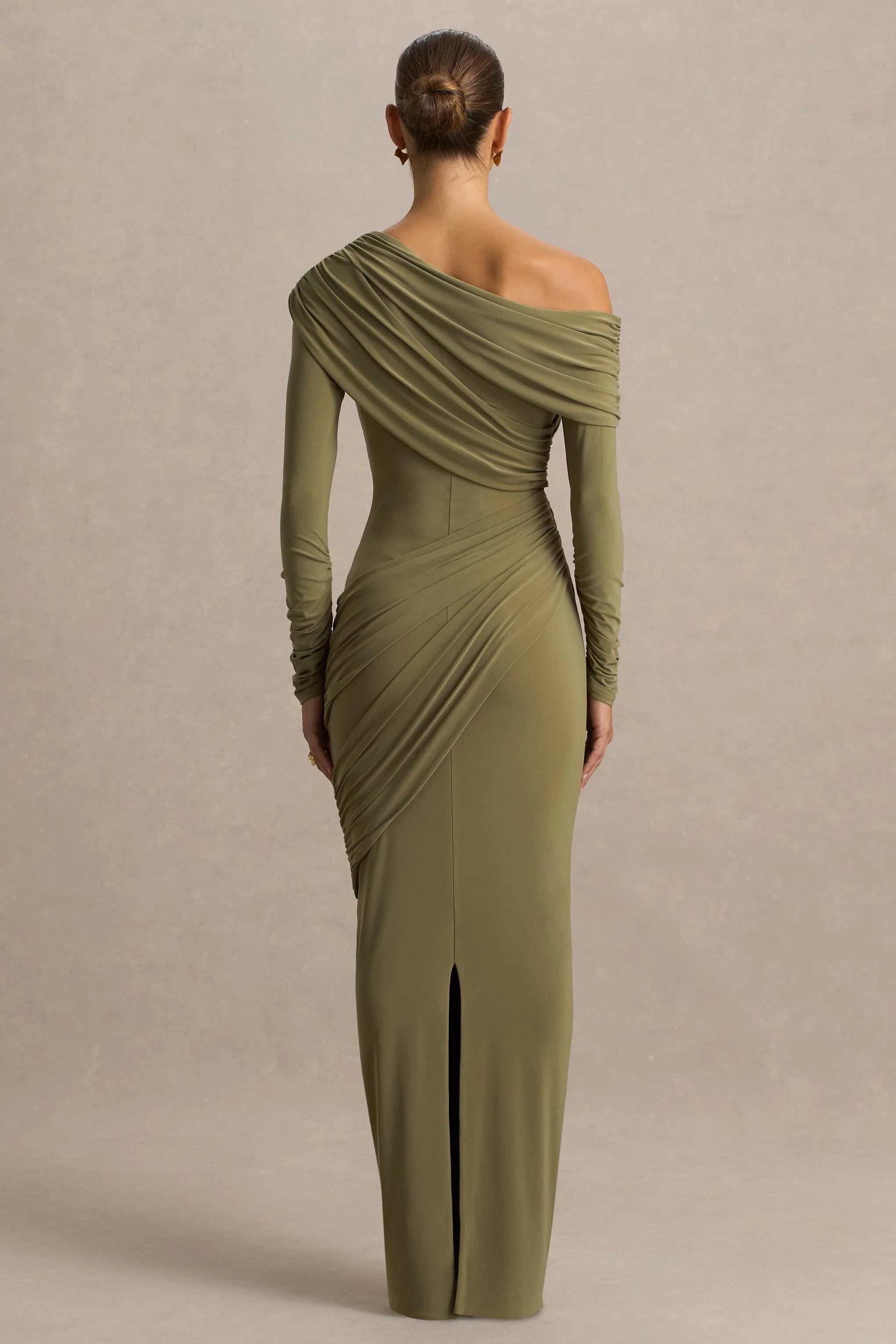 Perrie | Olive Asymmetric-Neck Maxi Dress With Ruched Detailing - Image 2