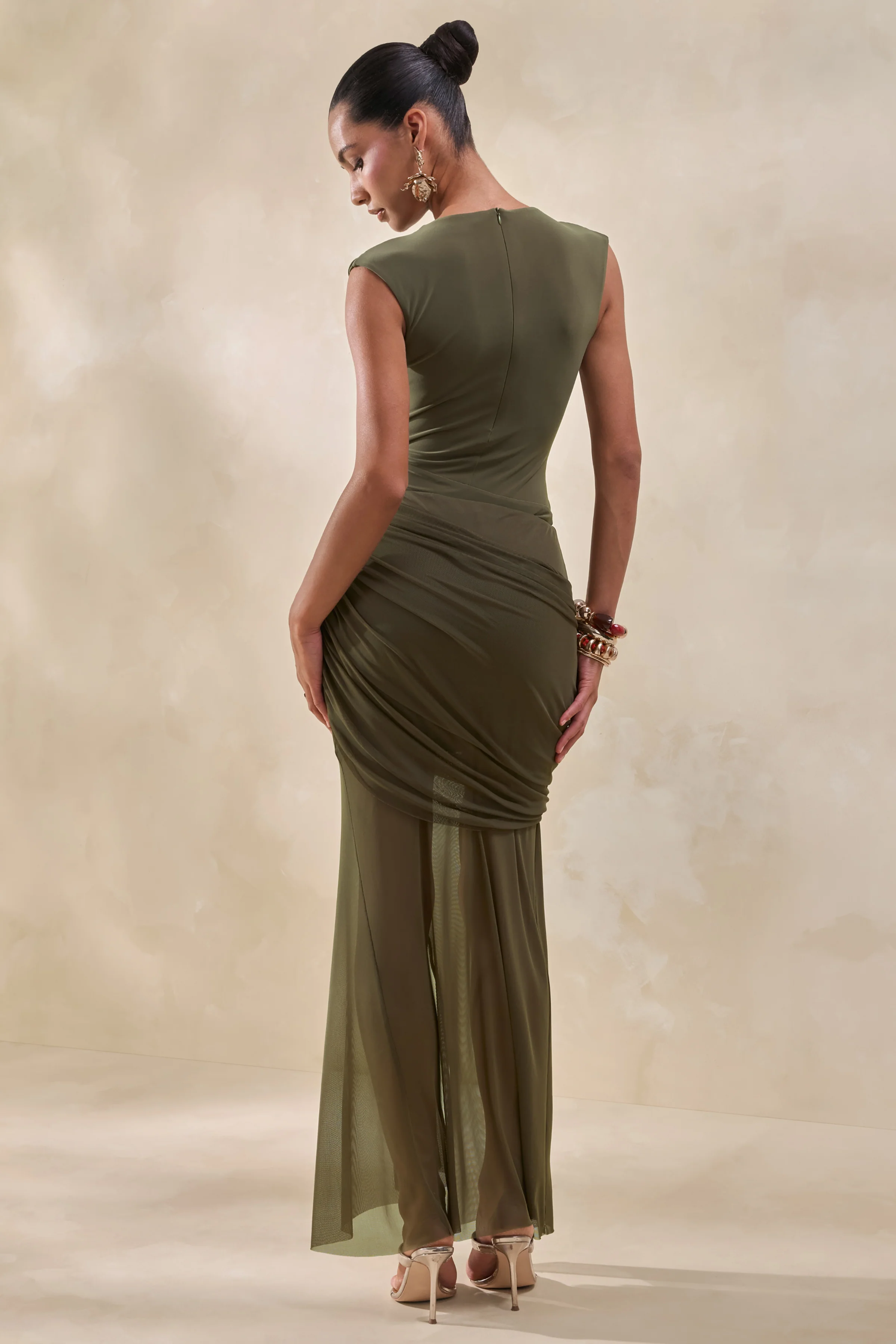Persephone | Khaki Mesh Wrapped Maxi Skirt With Split - Image 3