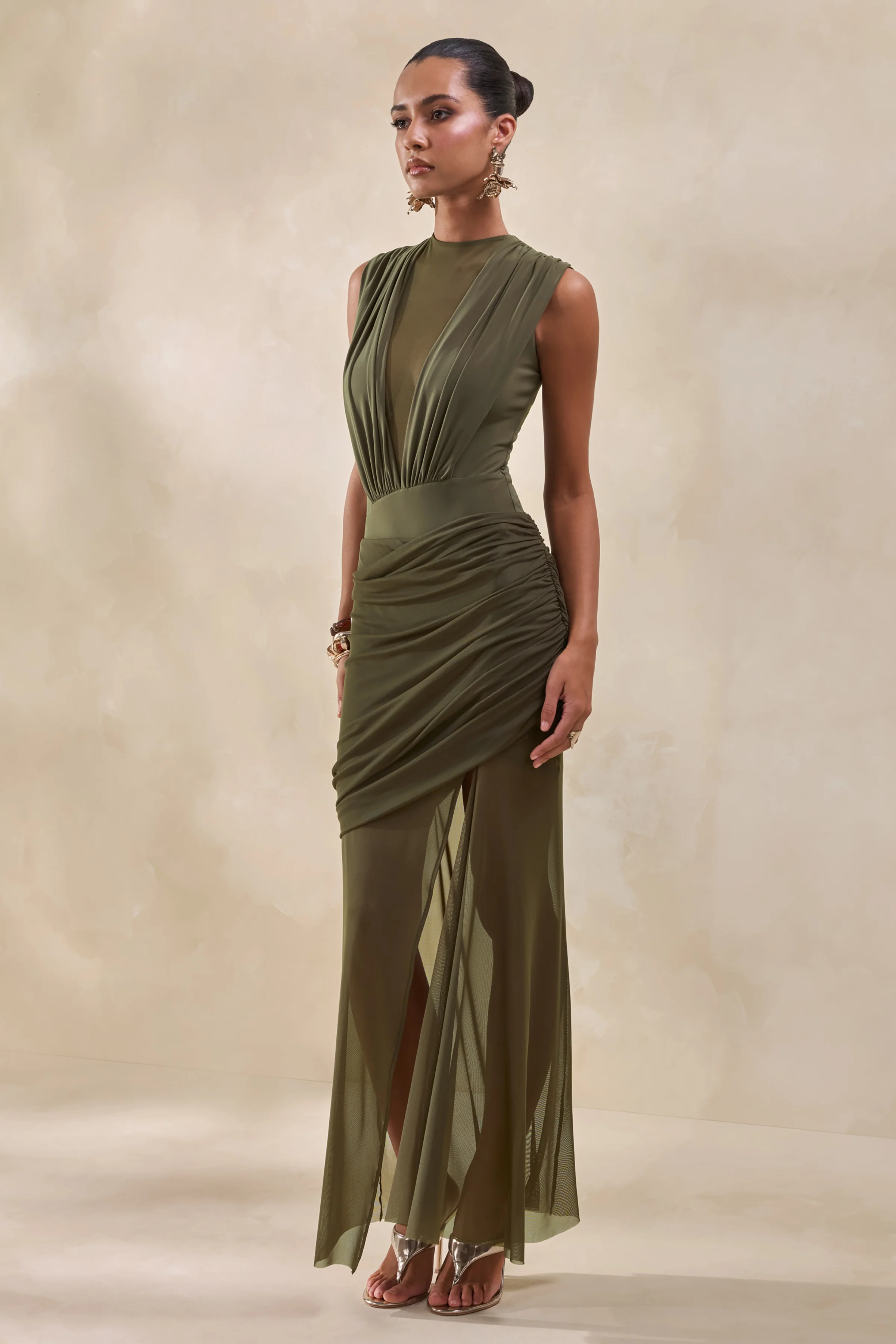 Persephone | Khaki Mesh Wrapped Maxi Skirt With Split - Image 5
