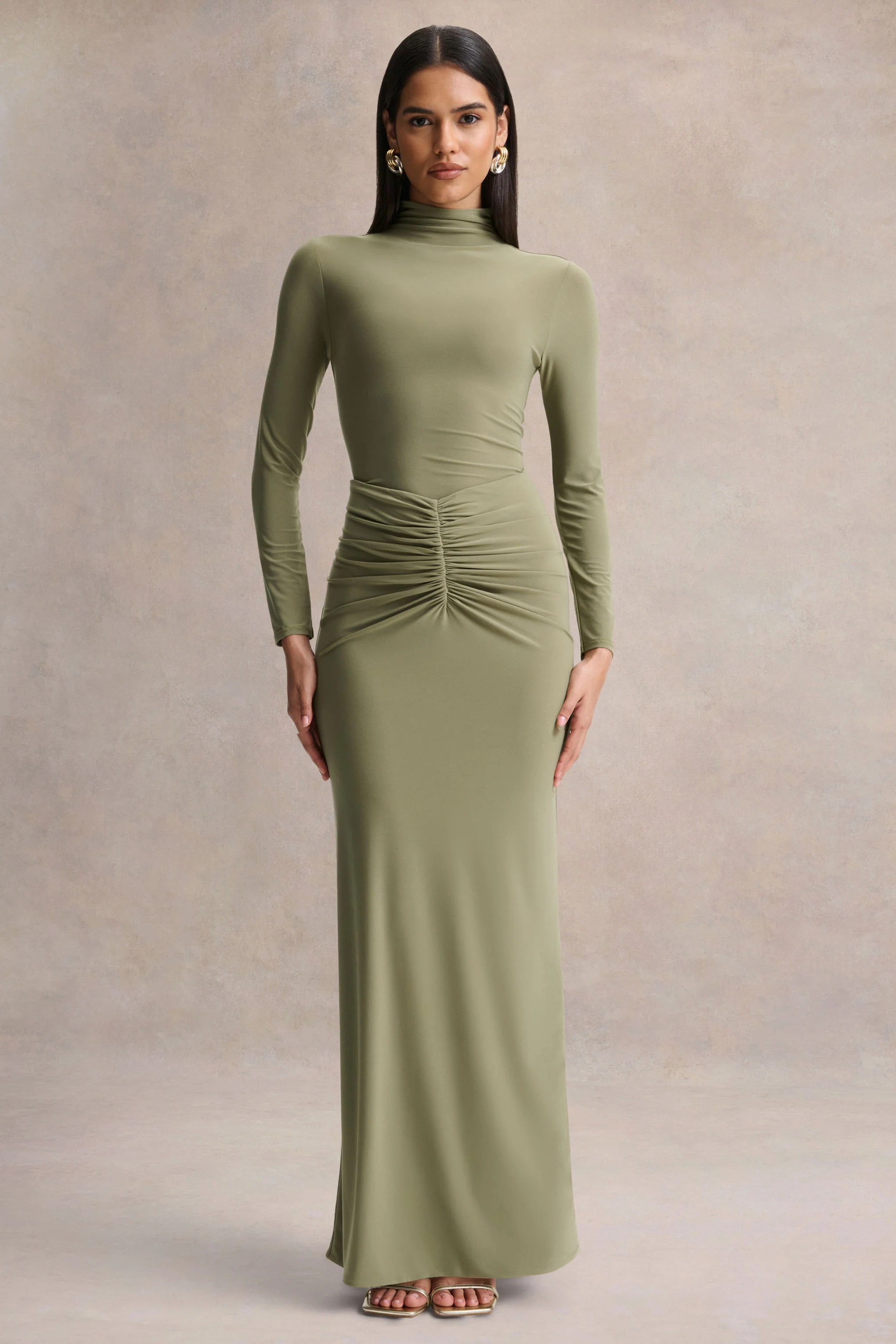 Persis | Olive High-Neck Maxi Dress With Gathered Detailing