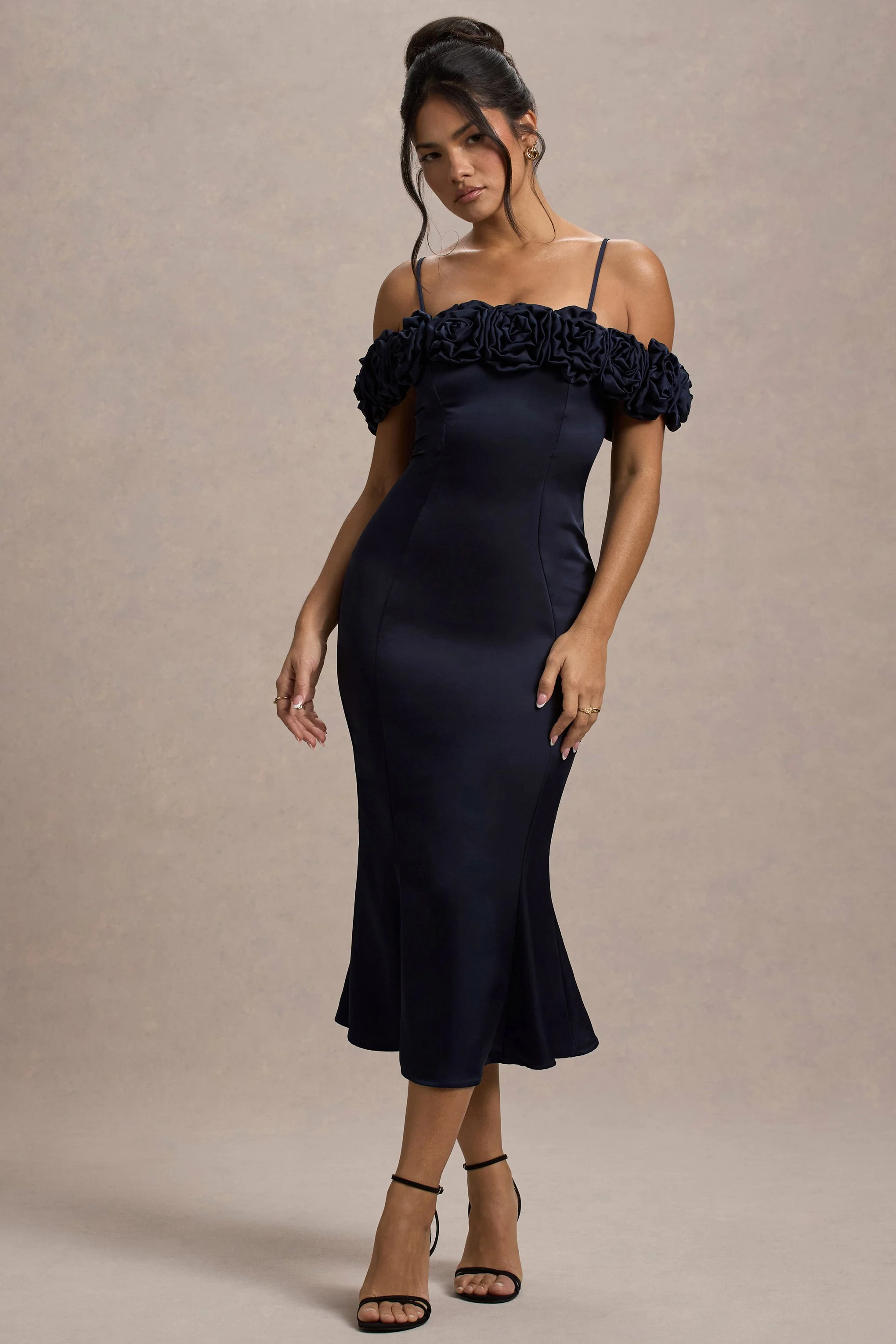 Petunia | Navy Satin Floral Bardot Midi Dress - Image 4