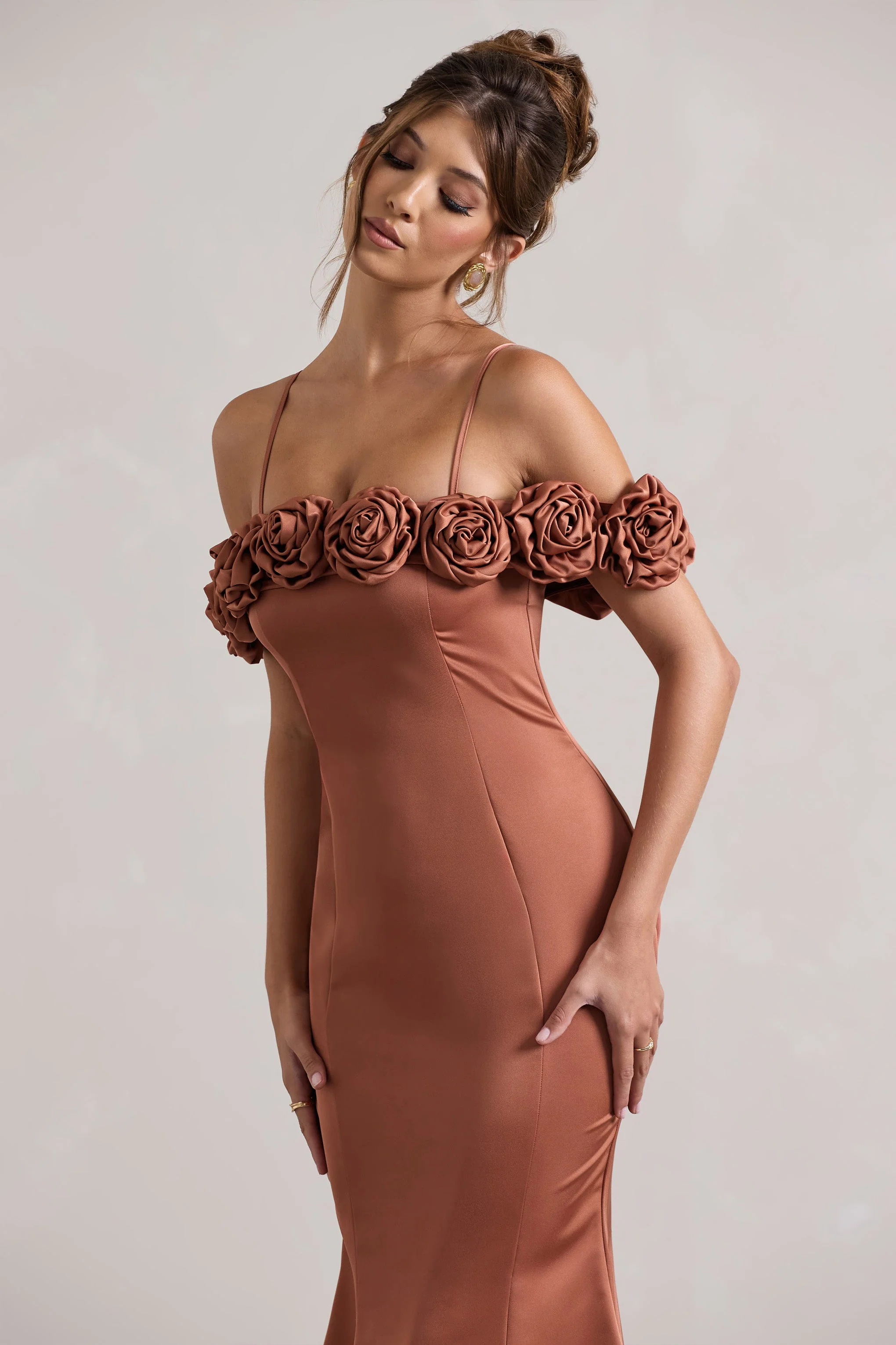 Petunia | Rust Satin Floral Bardot Midi Dress - Image 3
