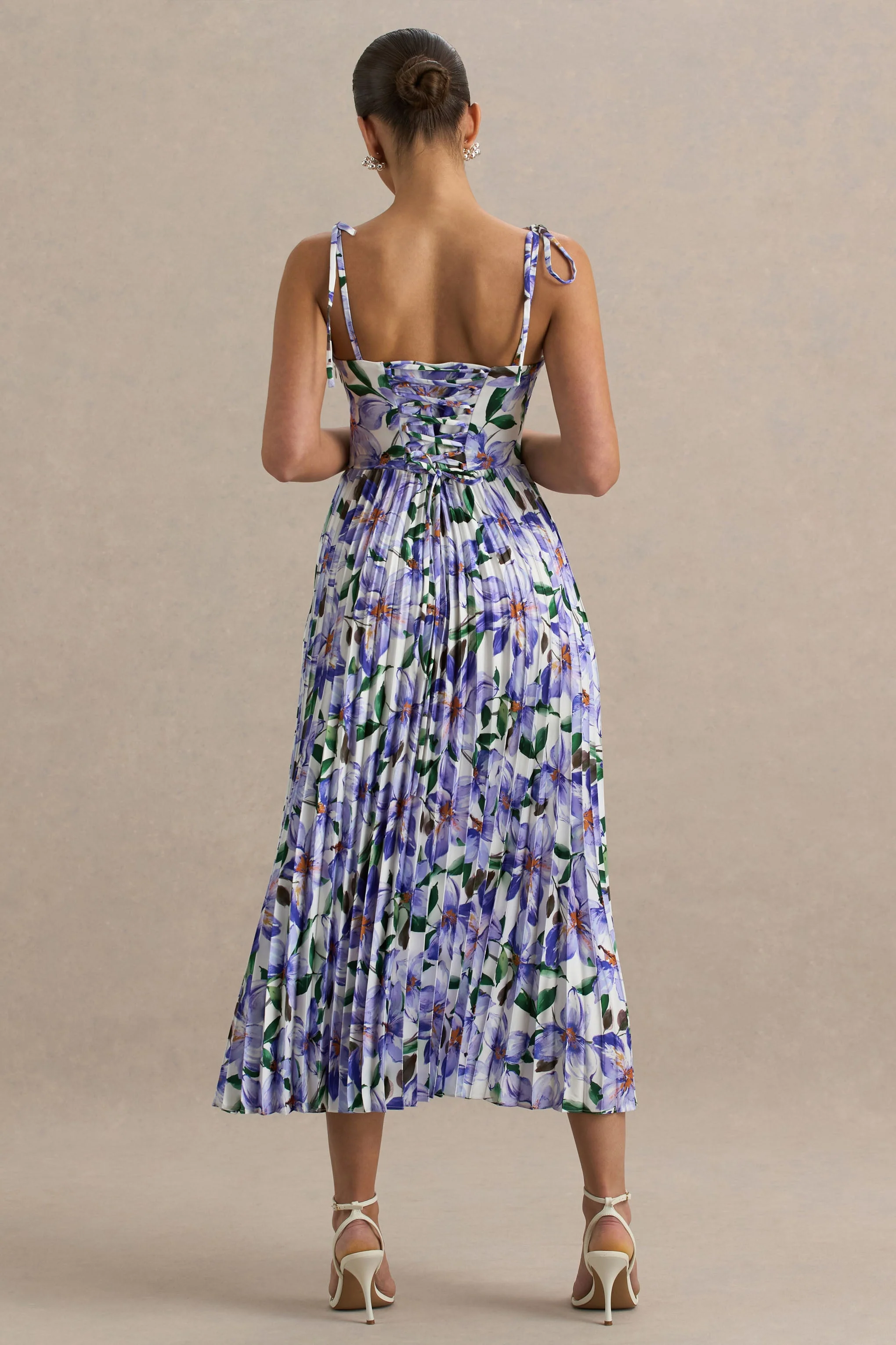 Peyton | Purple Lily Print Satin Sweetheart-Neck Midi Dress With Pleated Details - Image 2