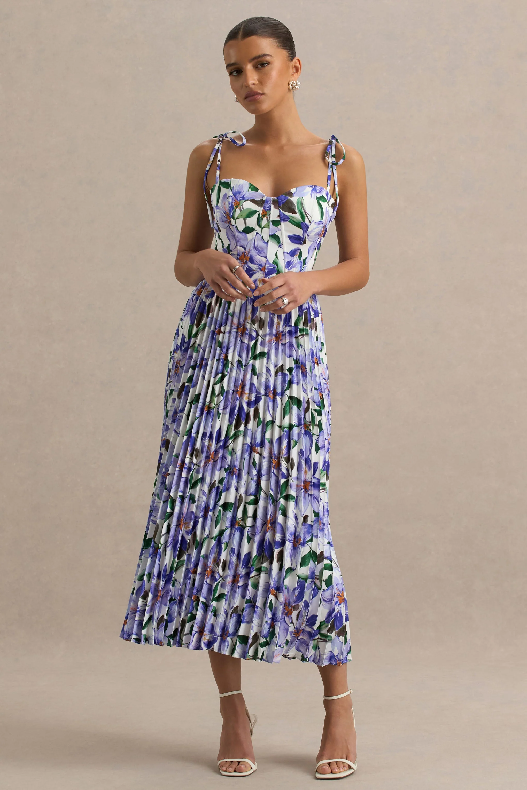 Peyton | Purple Lily Print Satin Sweetheart-Neck Midi Dress With Pleated Details - Image 3