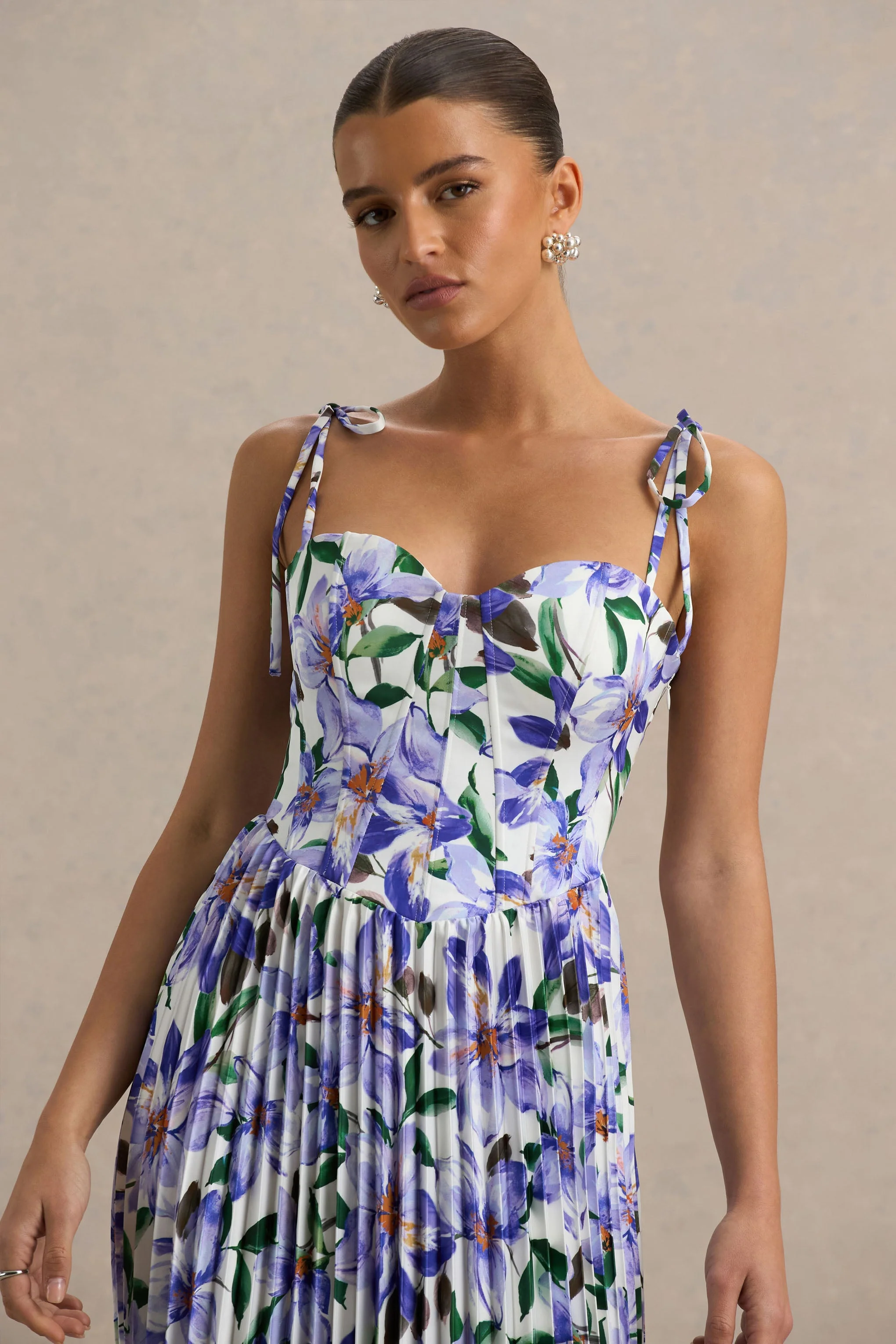 Peyton | Purple Lily Print Satin Sweetheart-Neck Midi Dress With Pleated Details - Image 4
