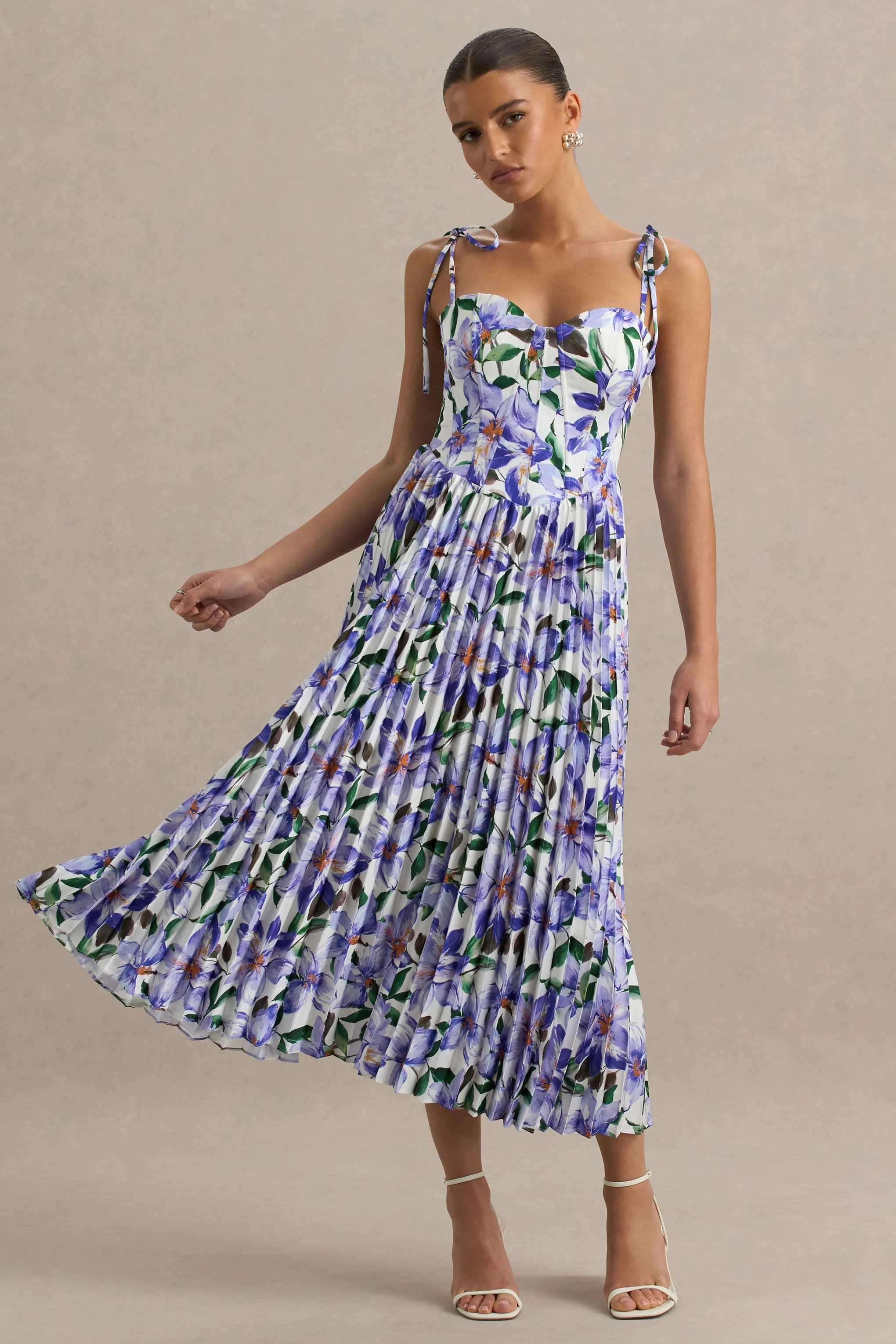 Peyton | Purple Lily Print Satin Sweetheart-Neck Midi Dress With Pleated Details - Image 5