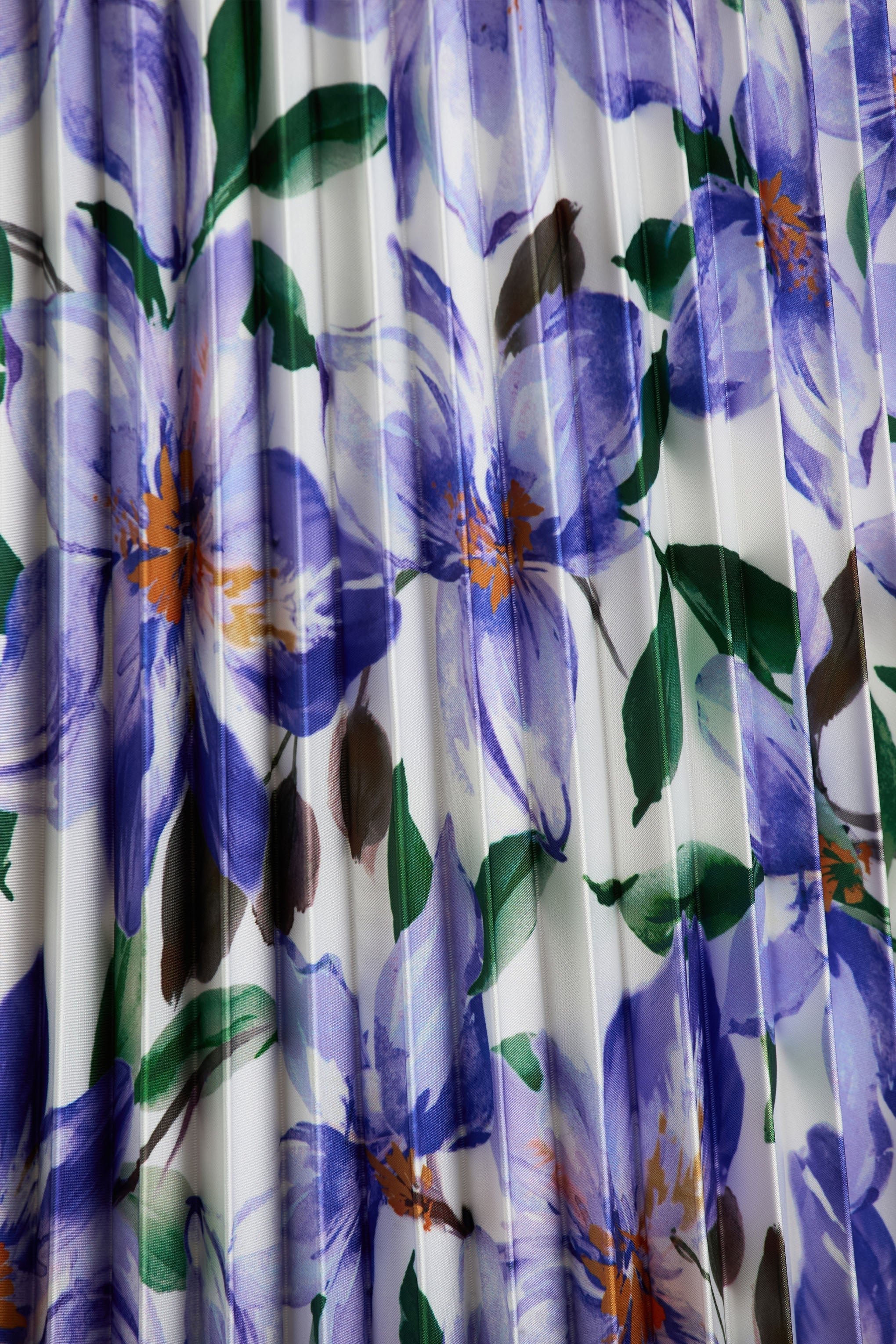 Peyton | Purple Lily Print Satin Sweetheart-Neck Midi Dress With Pleated Details - Image 6