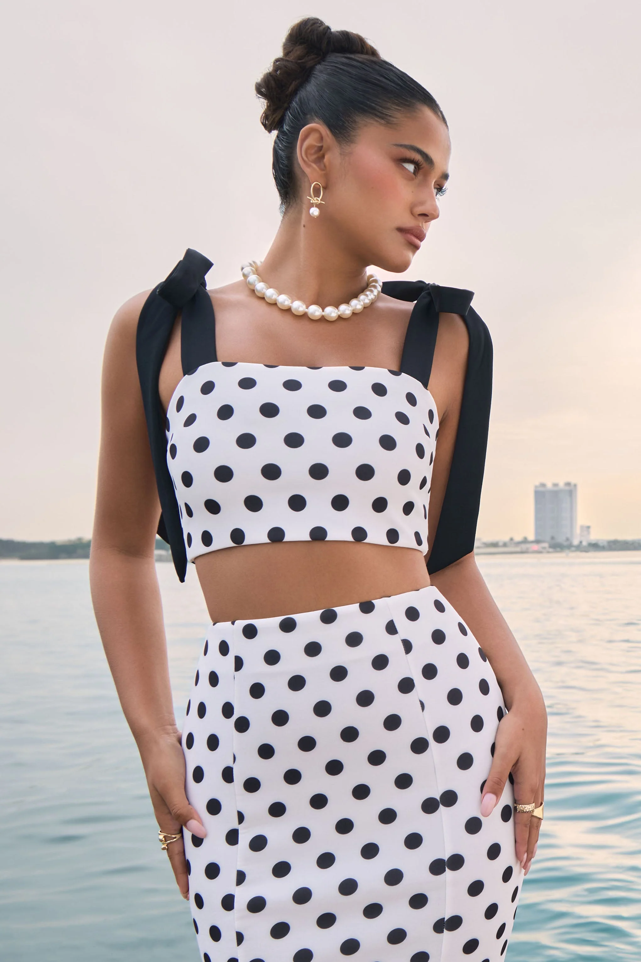 Phoebe | Black & White Polka Dot Crop Top With Tie Straps Tie - Image 7