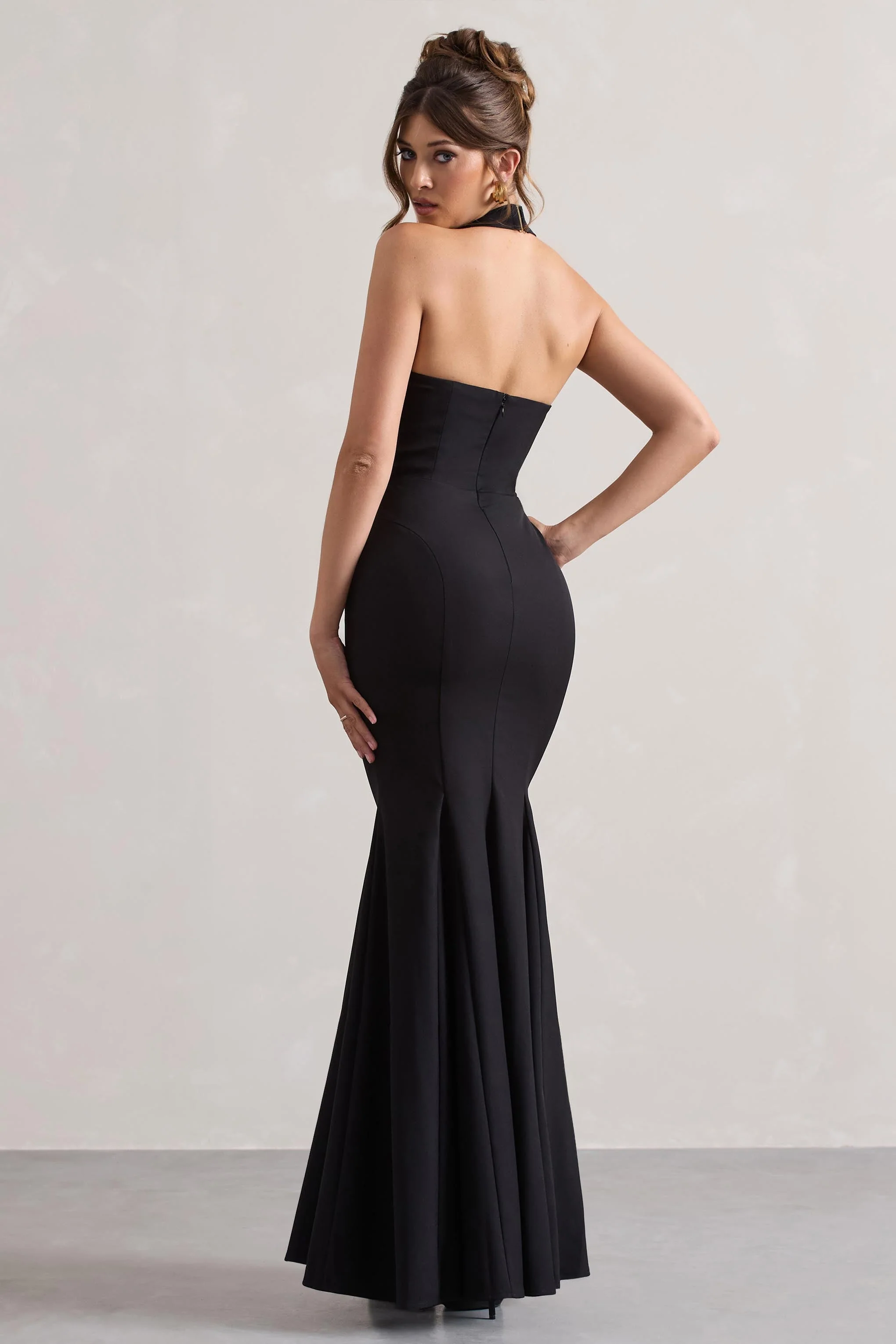 Plaza | Black Plunge Halter-Neck Fishtail Maxi Dress - Image 2