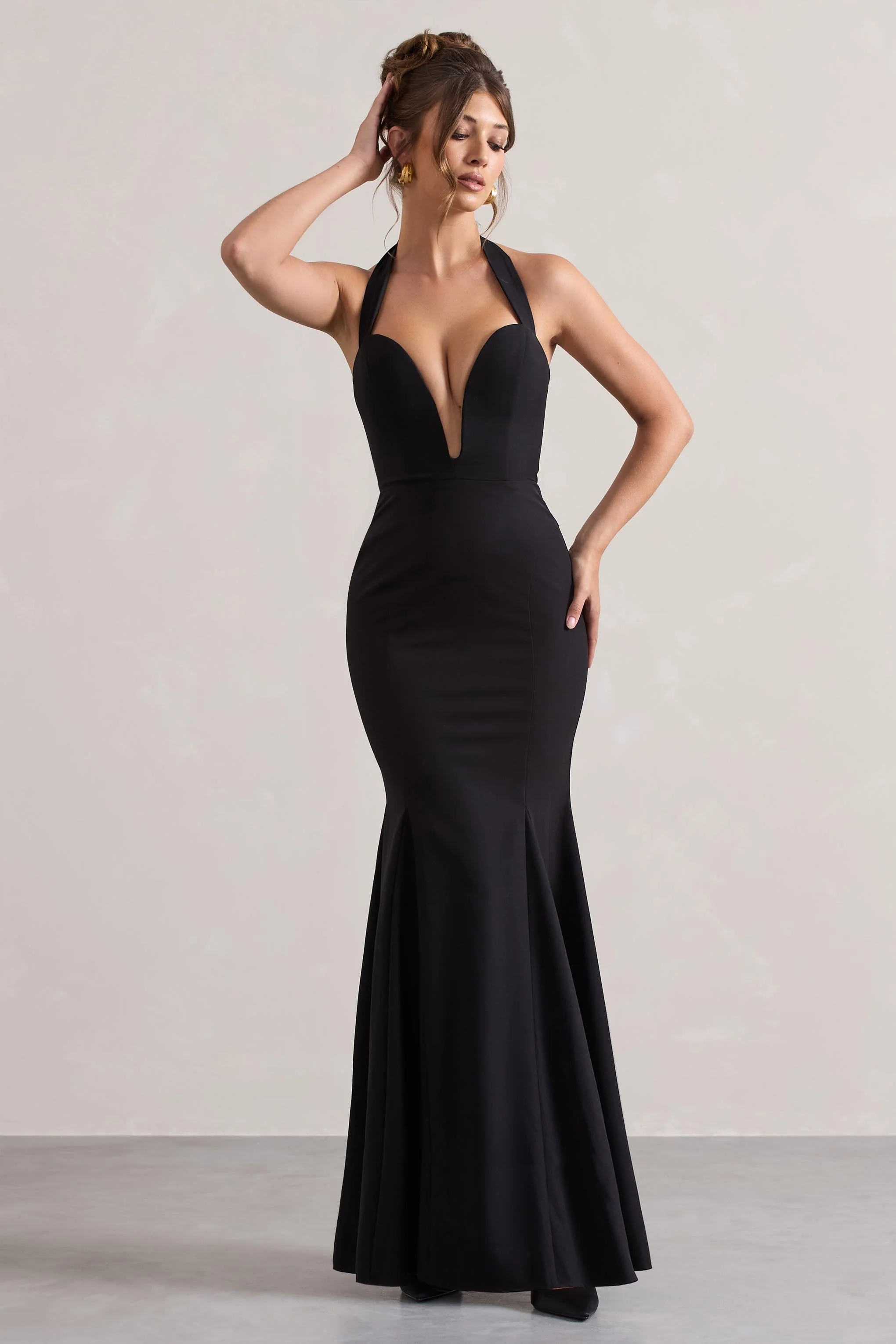 Plaza | Black Plunge Halter-Neck Fishtail Maxi Dress - Image 3