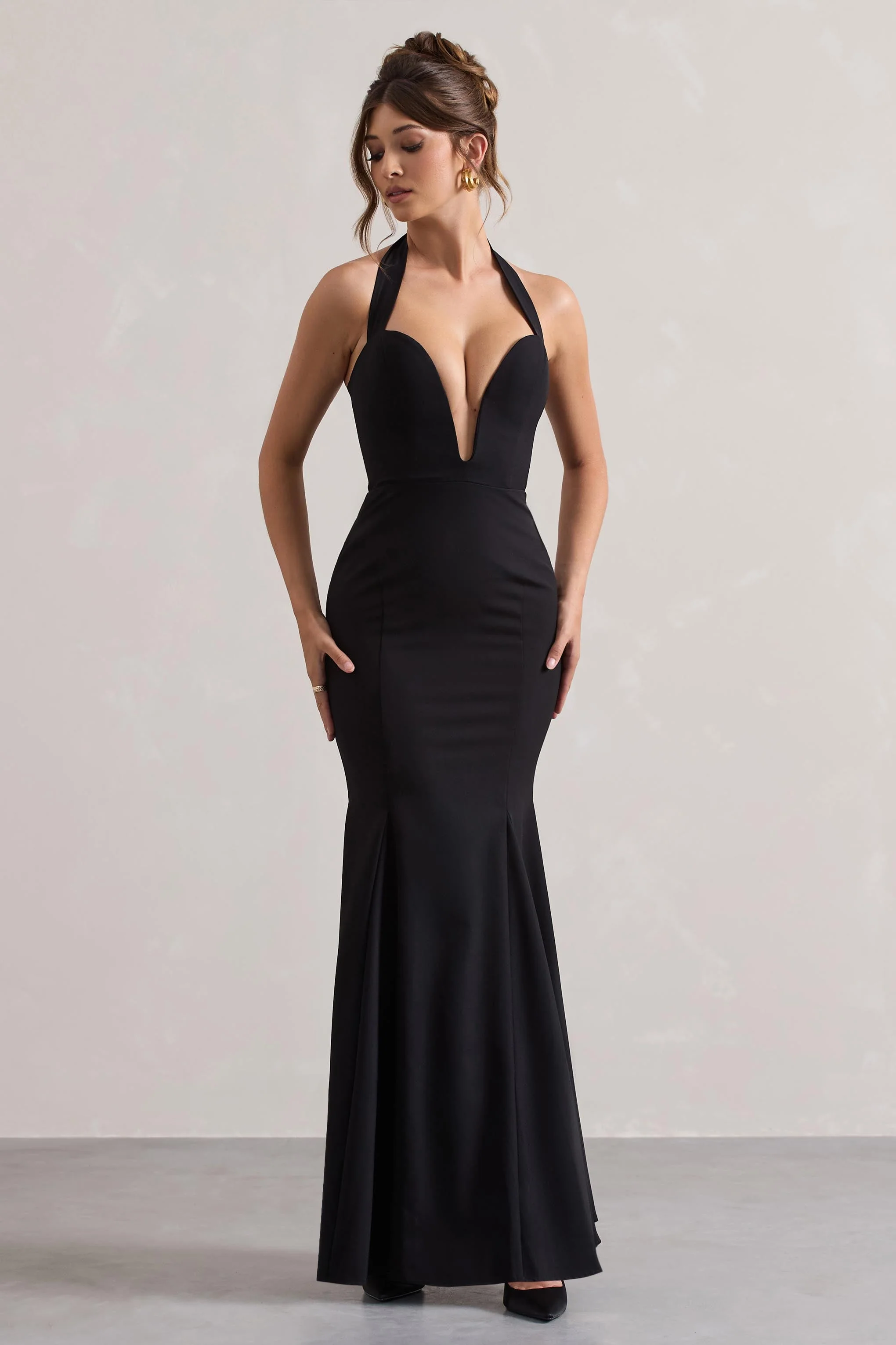 Plaza | Black Plunge Halter-Neck Fishtail Maxi Dress - Image 5