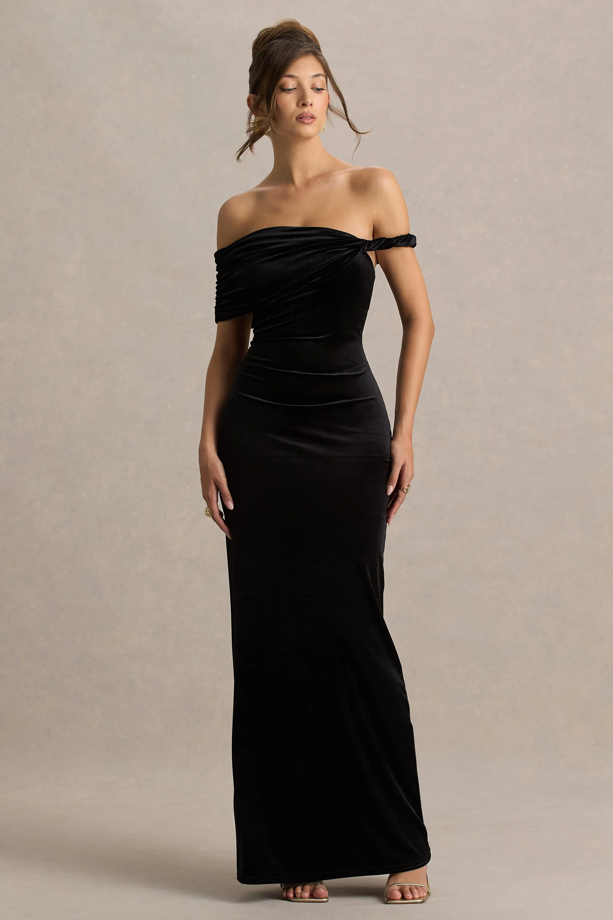Poised | Black Velvet Bardot-Neck Maxi Dress With Twist-Sleeve - Image 5