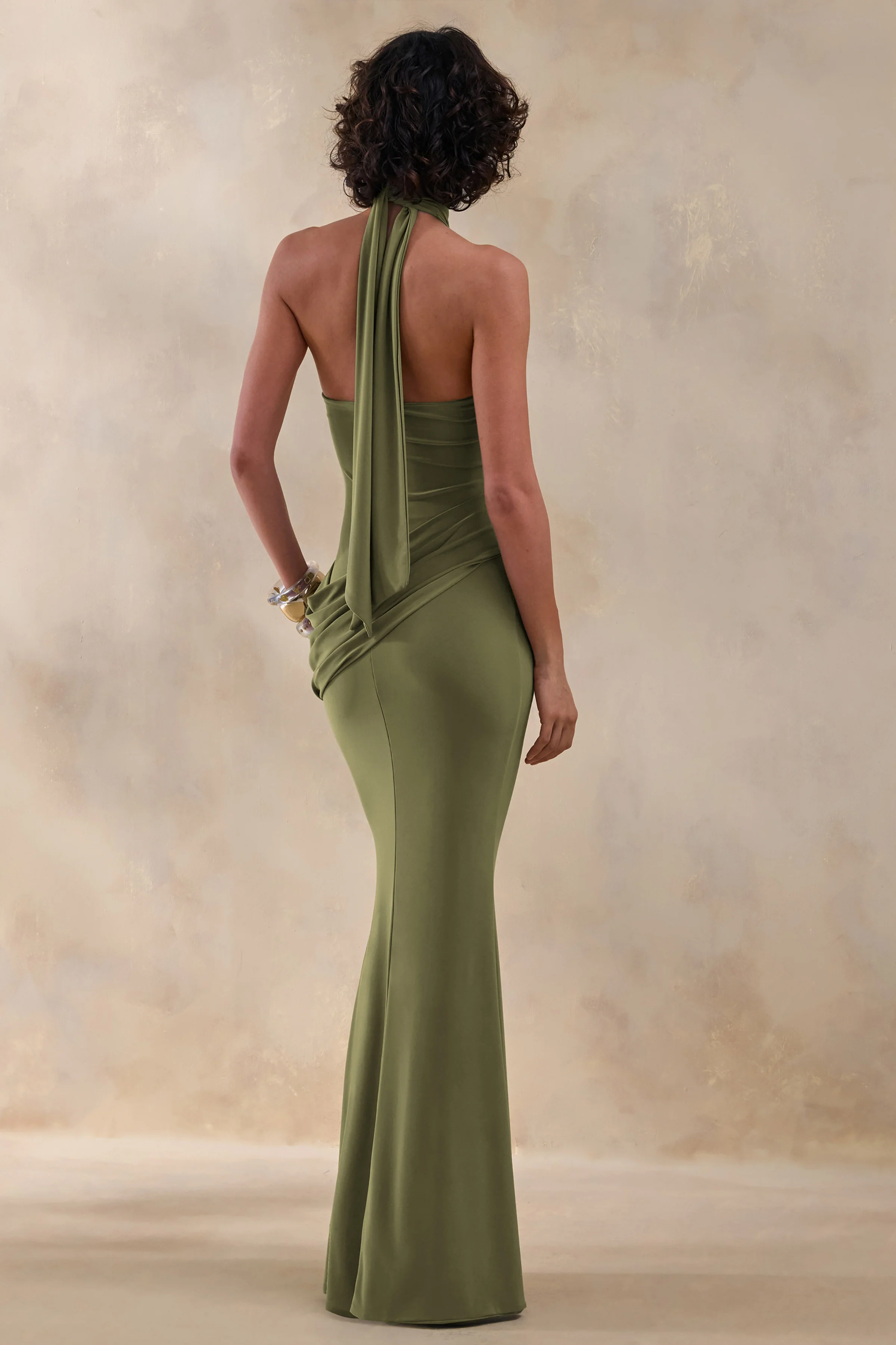 Polina | Olive High-Neck Maxi Dress With Drape And Gold-Detail - Image 2