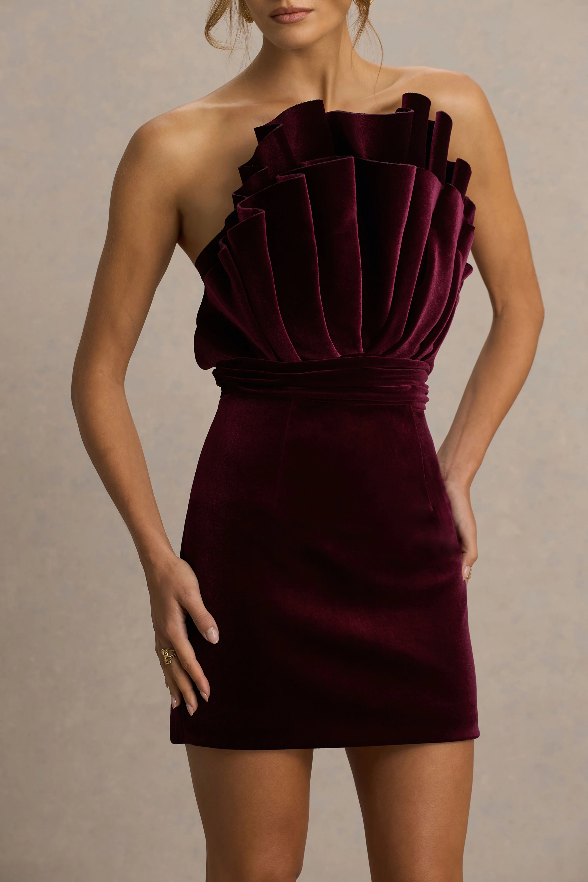 Polly | Burgundy Velvet Ruffled Strapless Mini Dress - Image 3