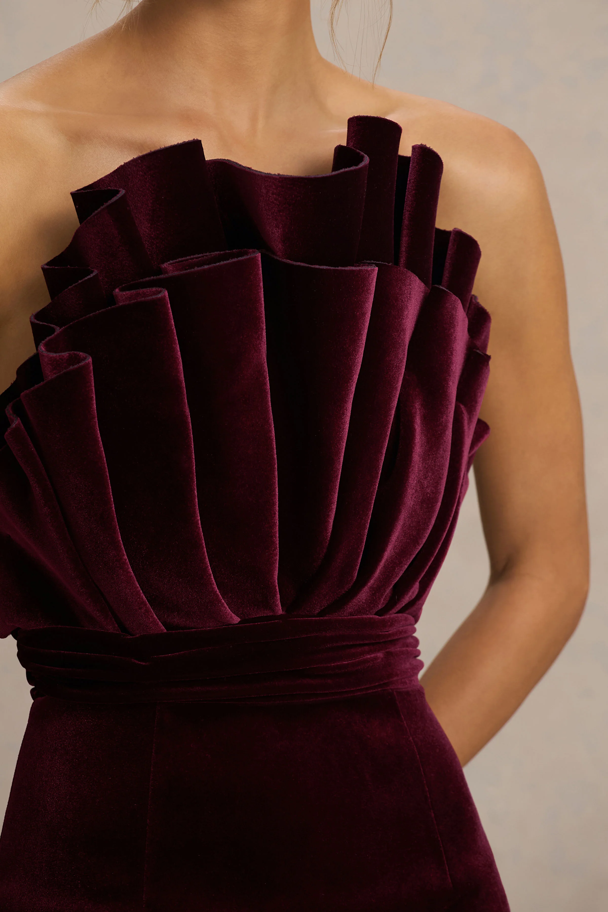 Polly | Burgundy Velvet Ruffled Strapless Mini Dress - Image 6