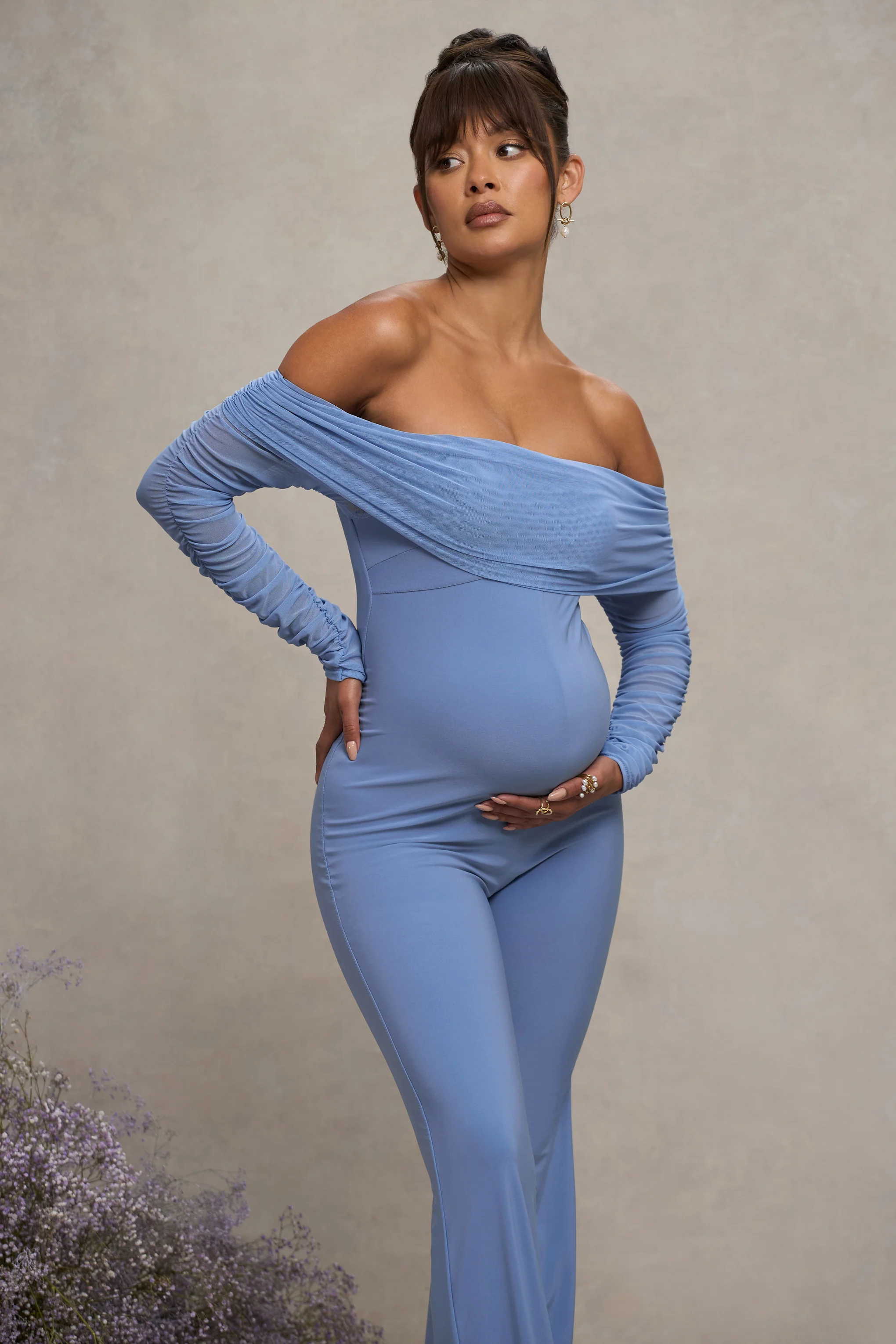 Count Down | Powder Blue Maternity Ruched Mesh Bardot Jumpsuit - Image 3