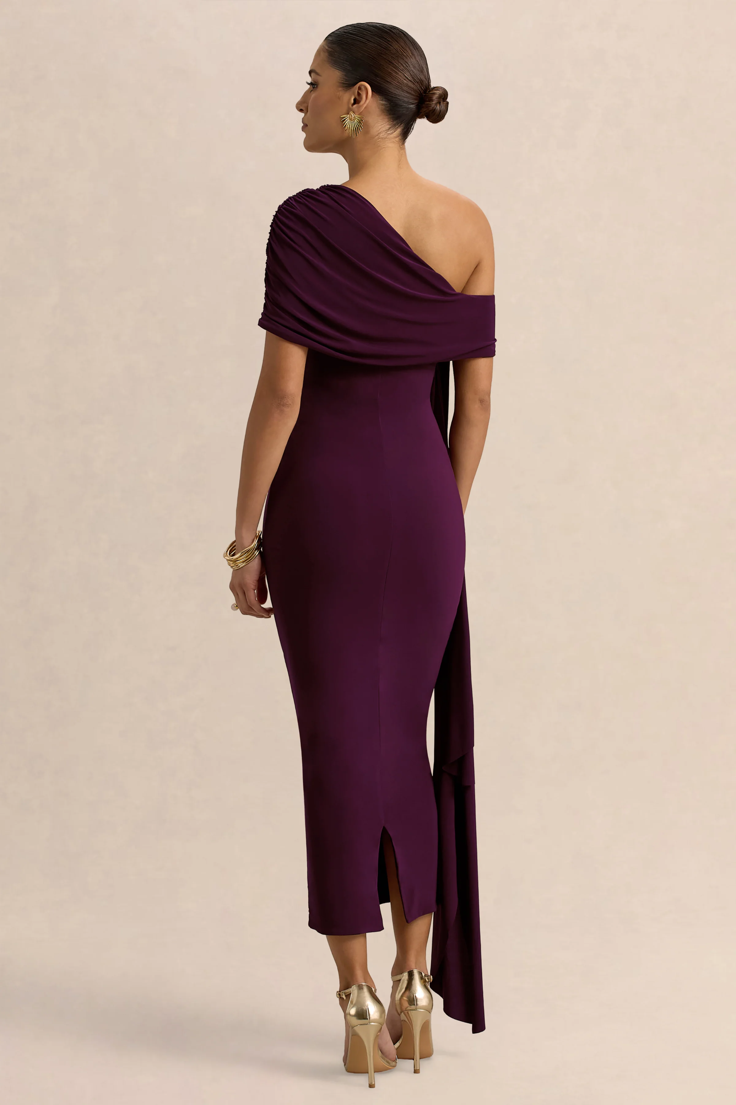 Praia | Plum Asymmetric-Neck Midi Dress With Sash and Draped Detailing - Image 2