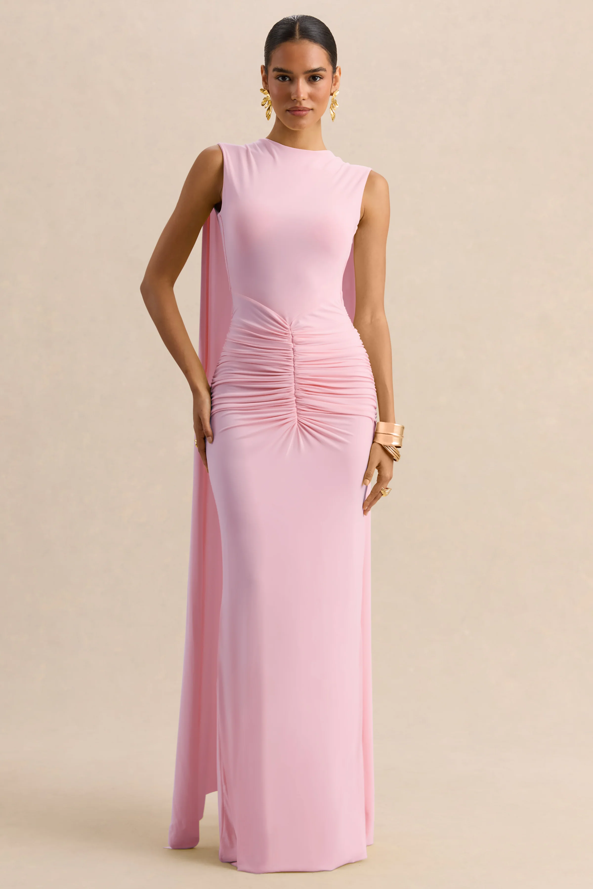 Premiere | Light Pink Boat-Neck Maxi Dress With Cape-Sleeves And Open-Back - Image 4