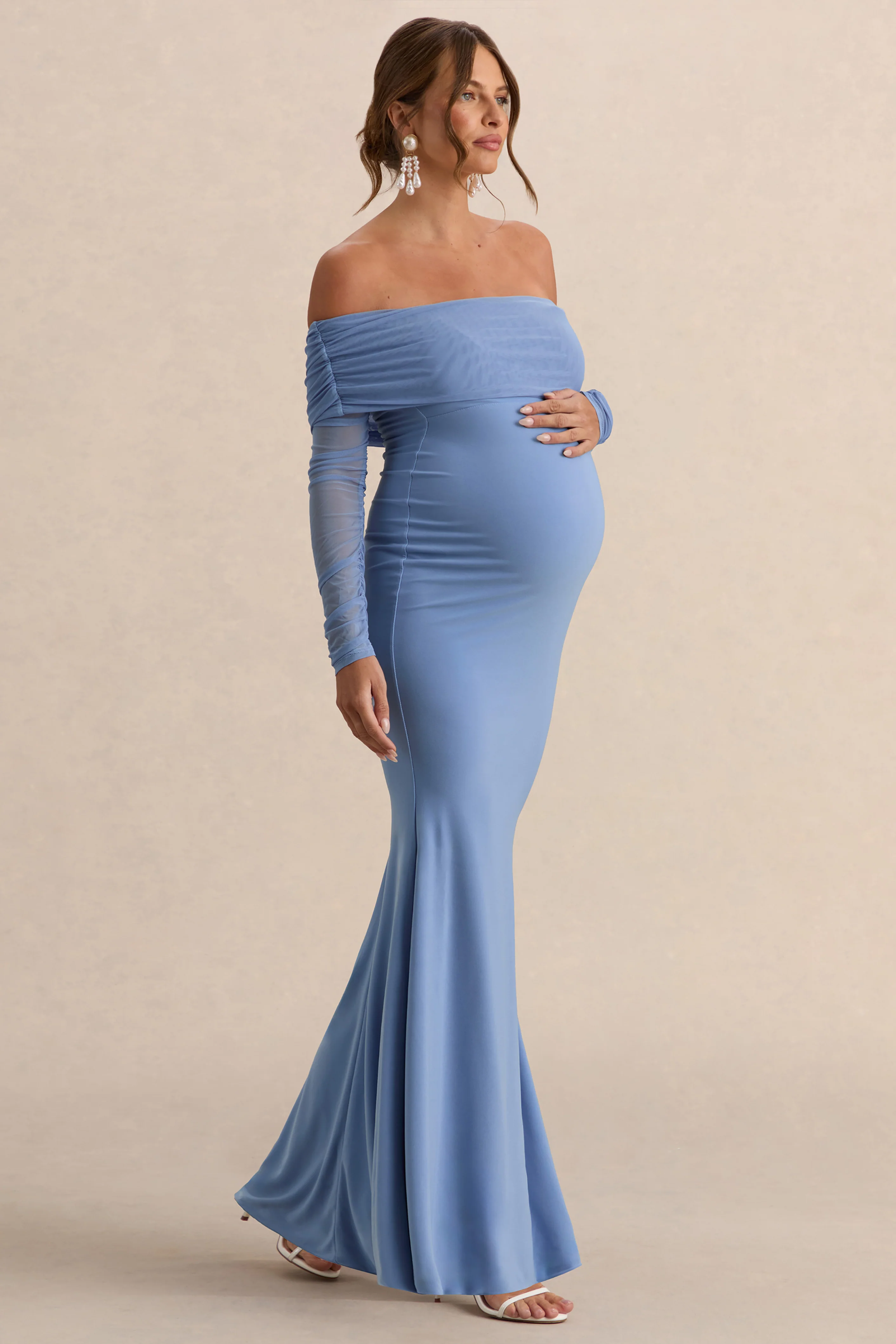 Pretty Perfect | Powder Blue Maternity Ruched Mesh Bardot Maxi Dress - Image 5