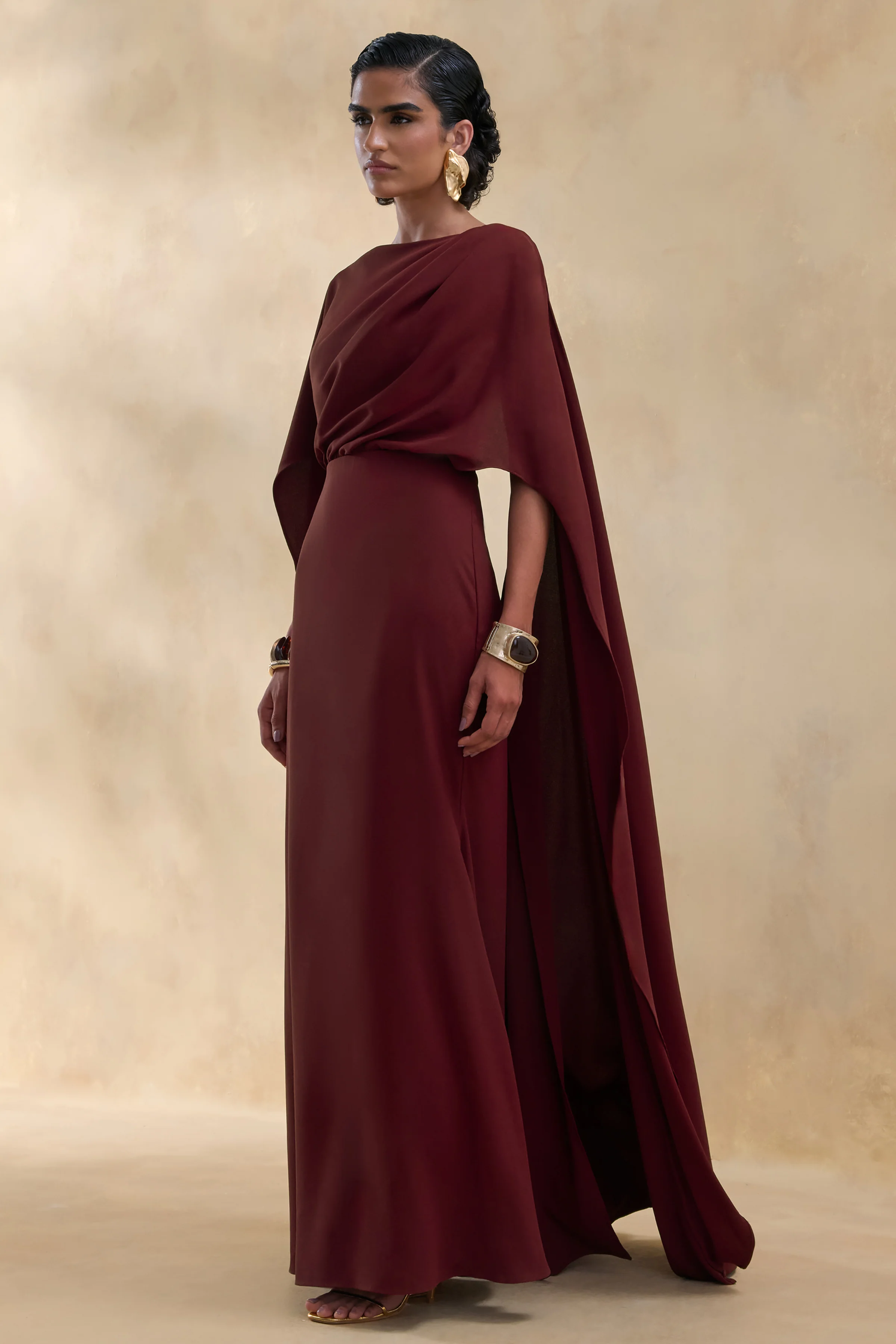 Pristina | Burgundy Boat-Neck Woven Maxi Dress With Cape Detail - Image 4