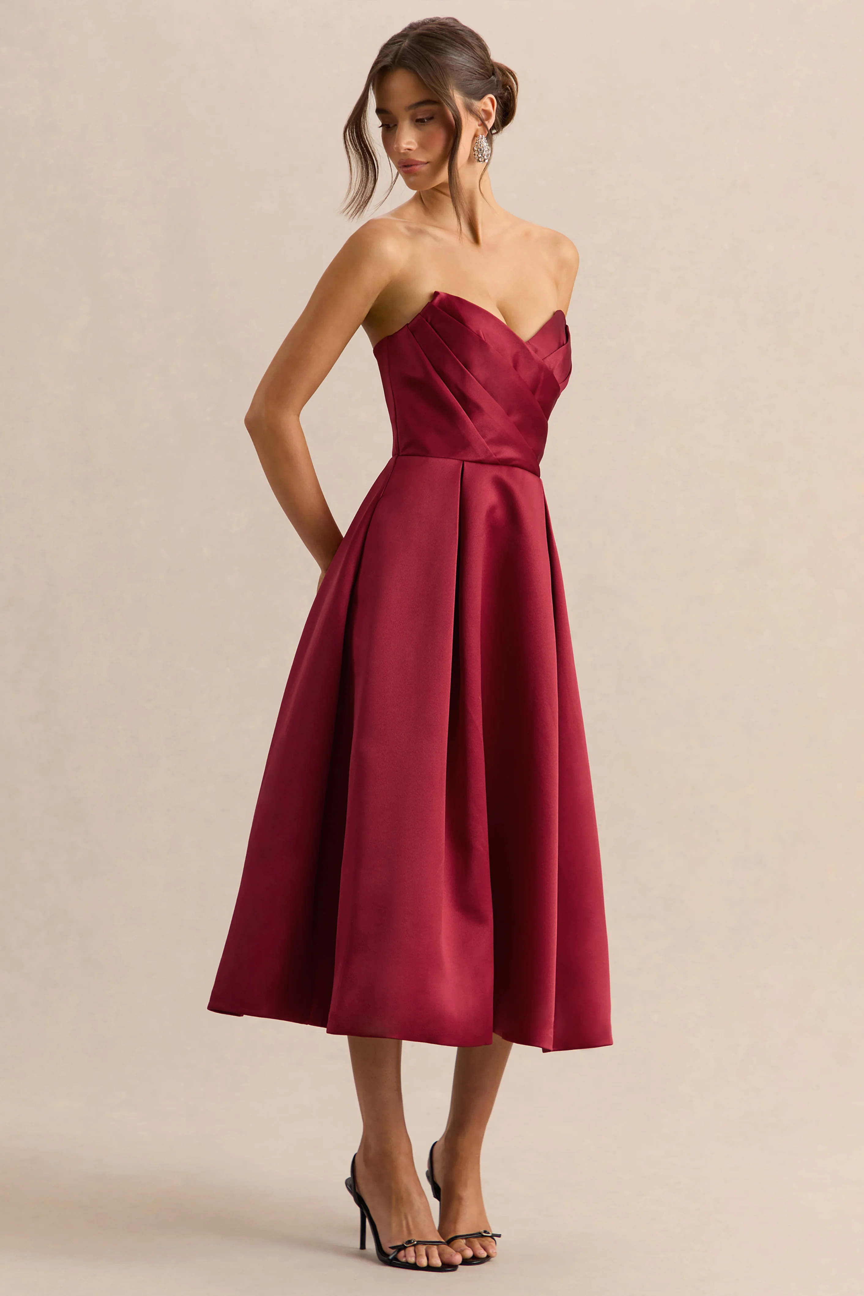 Promises | Red Satin Bandeau-Neck Midi Dress - Image 4