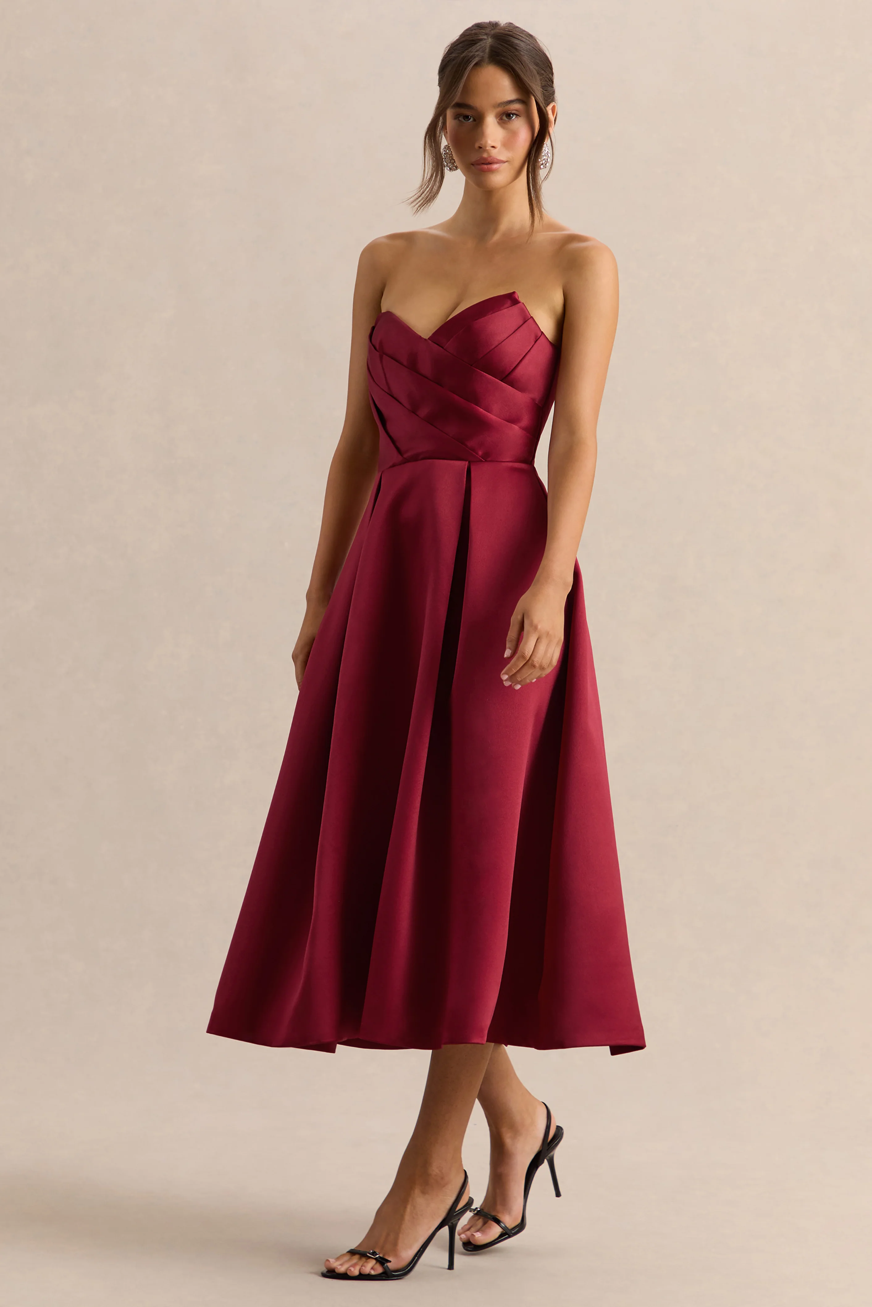 Promises | Red Satin Bandeau-Neck Midi Dress - Image 5