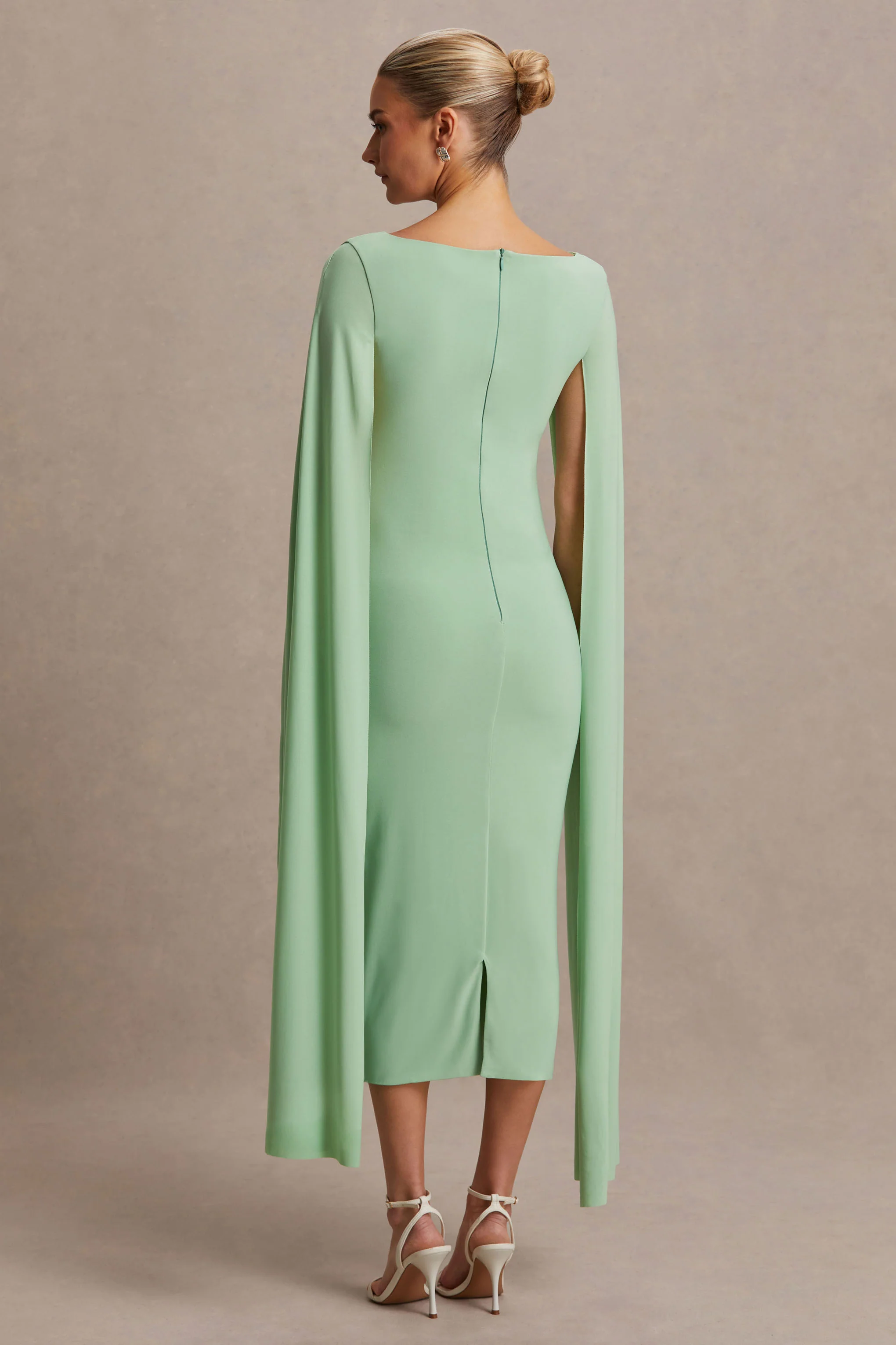 Providence | Light Green High-Neck Maternity Midi Dress With Cape Sleeves - Image 2