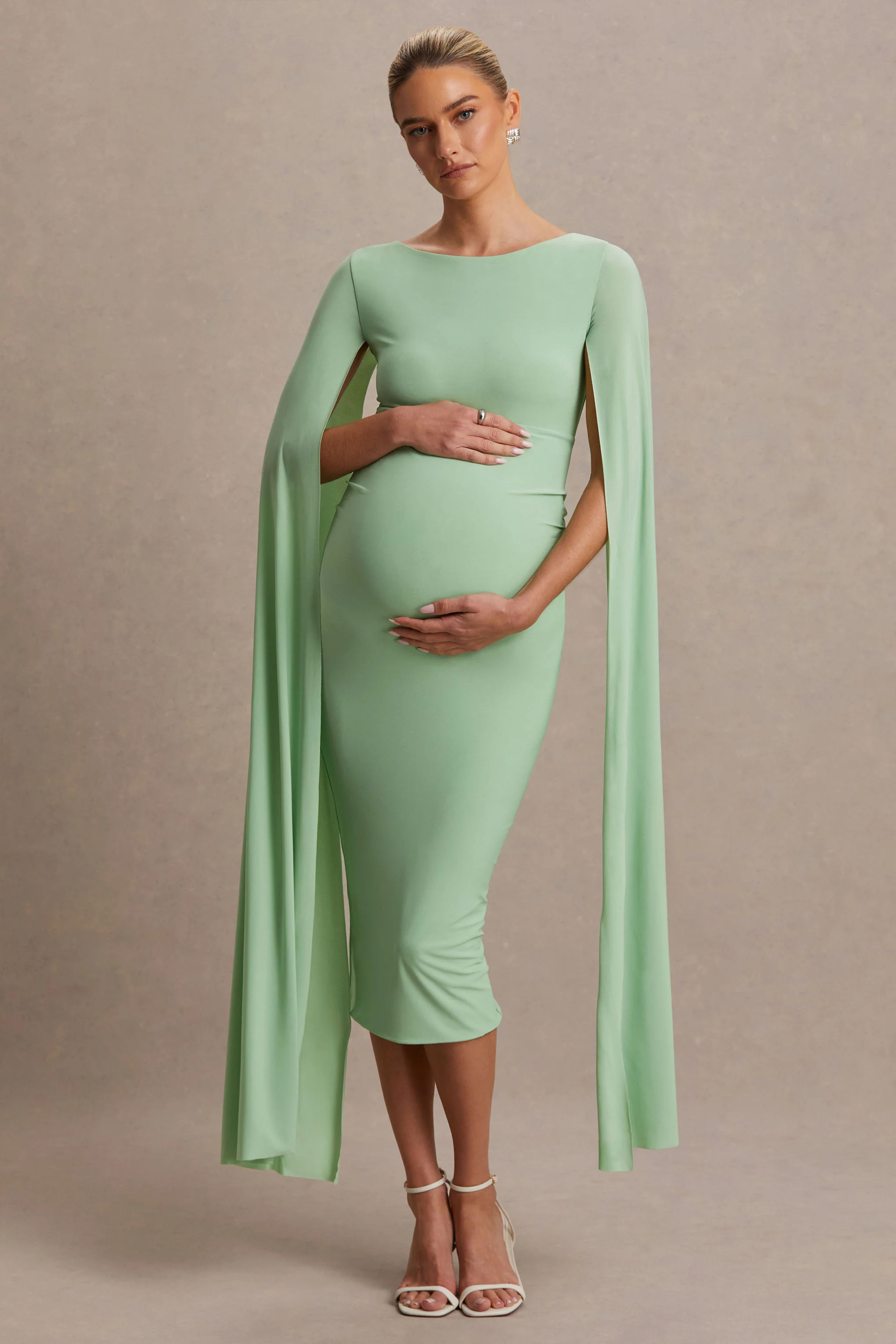 Providence | Light Green High-Neck Maternity Midi Dress With Cape Sleeves - Image 5