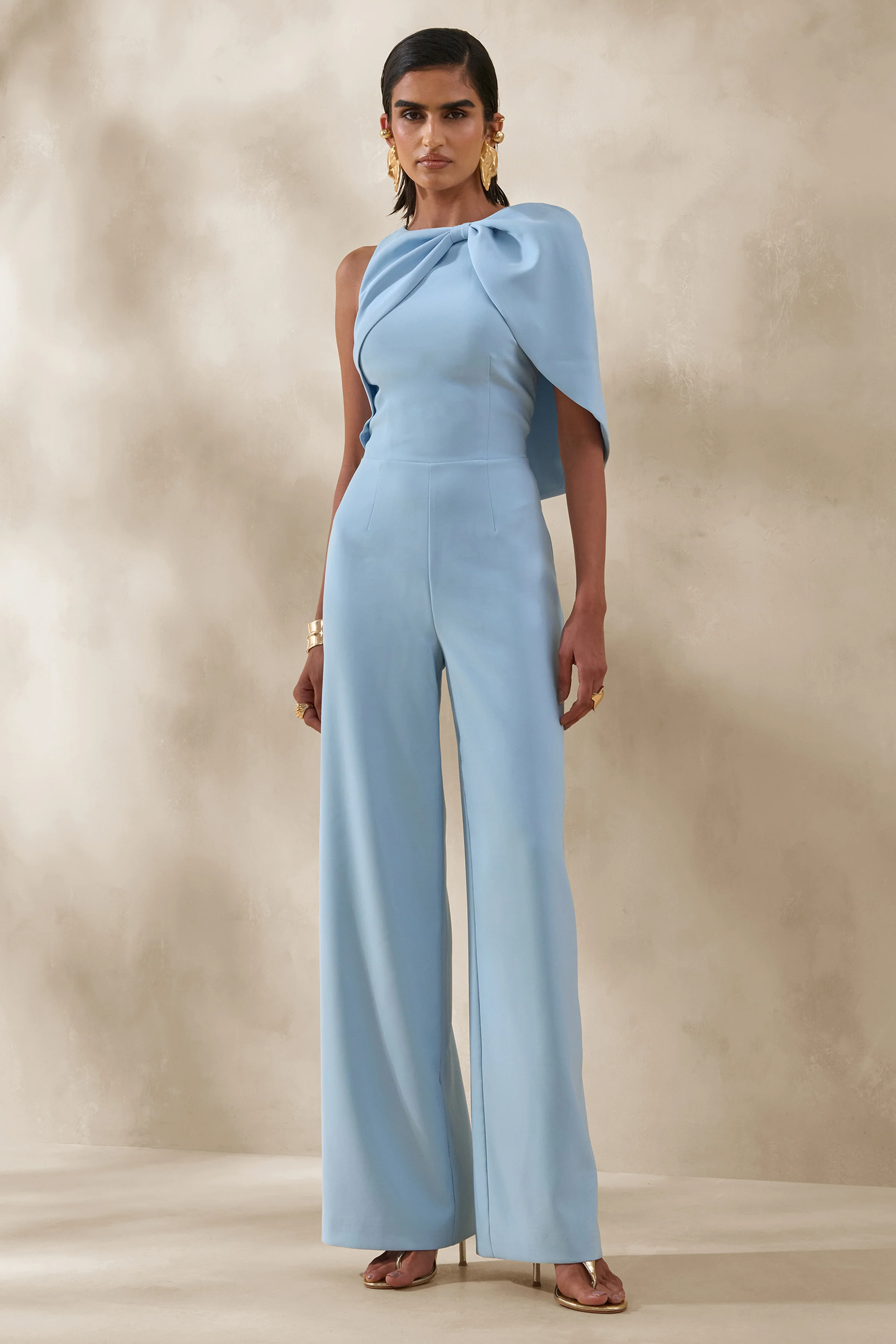 Quinley | Powder Blue Asymmetric-Neck Jumpsuit With Cape-Sleeve - Image 3