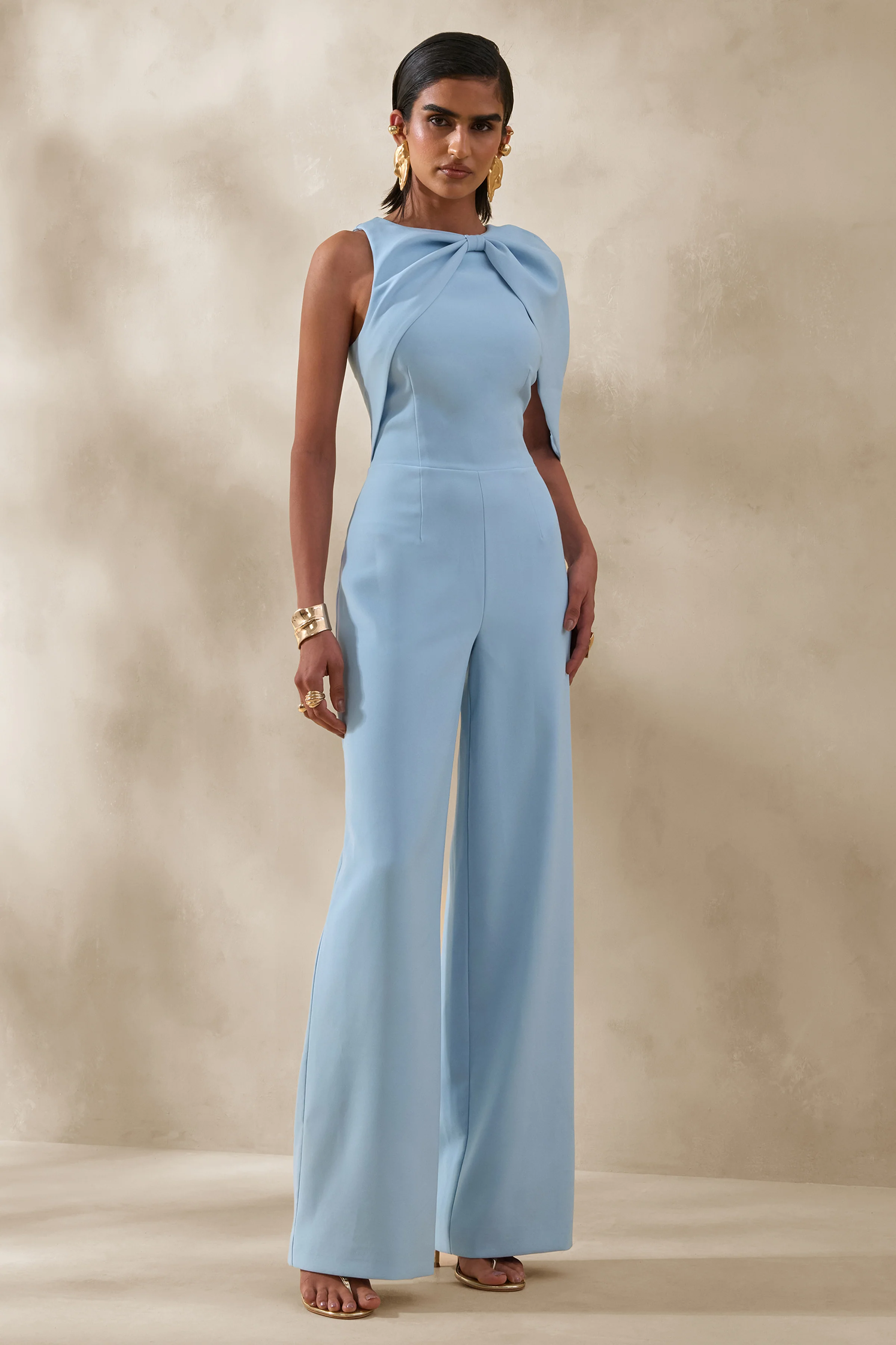 Quinley | Powder Blue Asymmetric-Neck Jumpsuit With Cape-Sleeve - Image 4