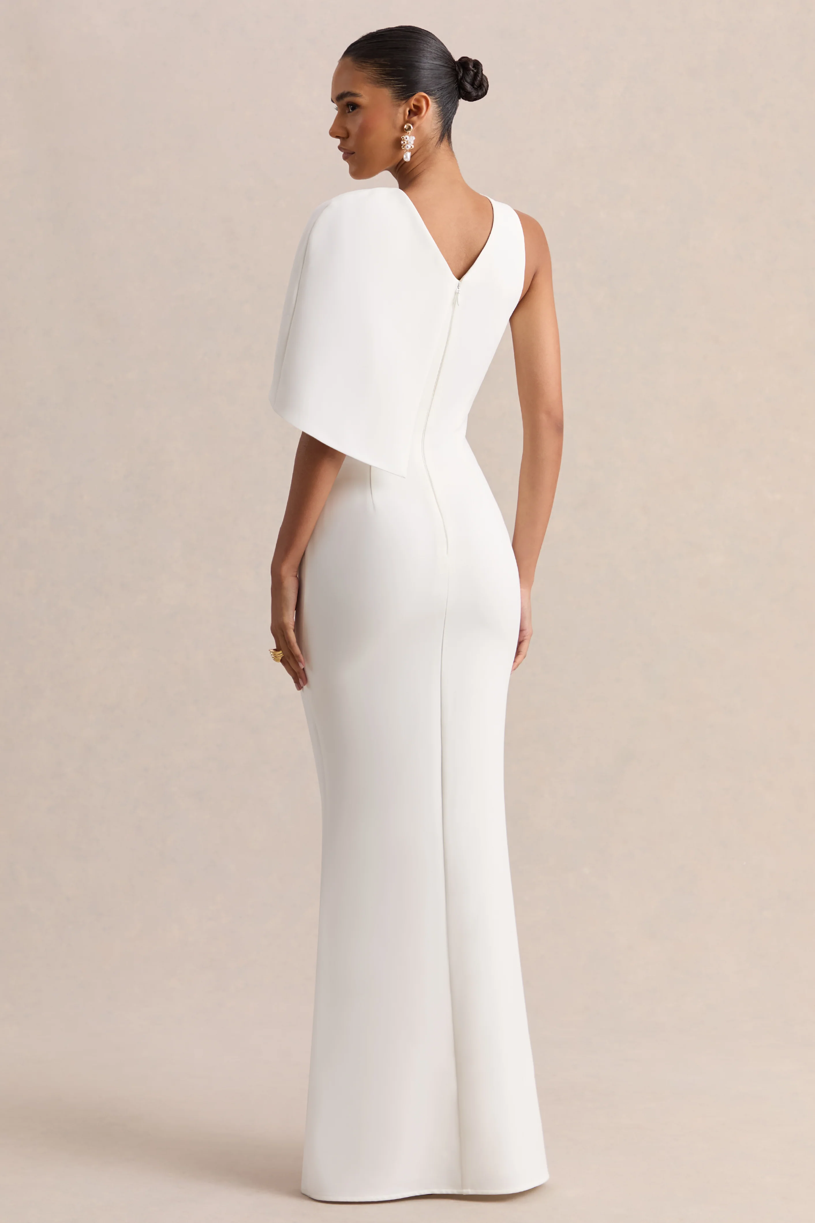 Quira | White Asymmetric-Neck Maxi Dress With Cape-Sleeve - Image 2