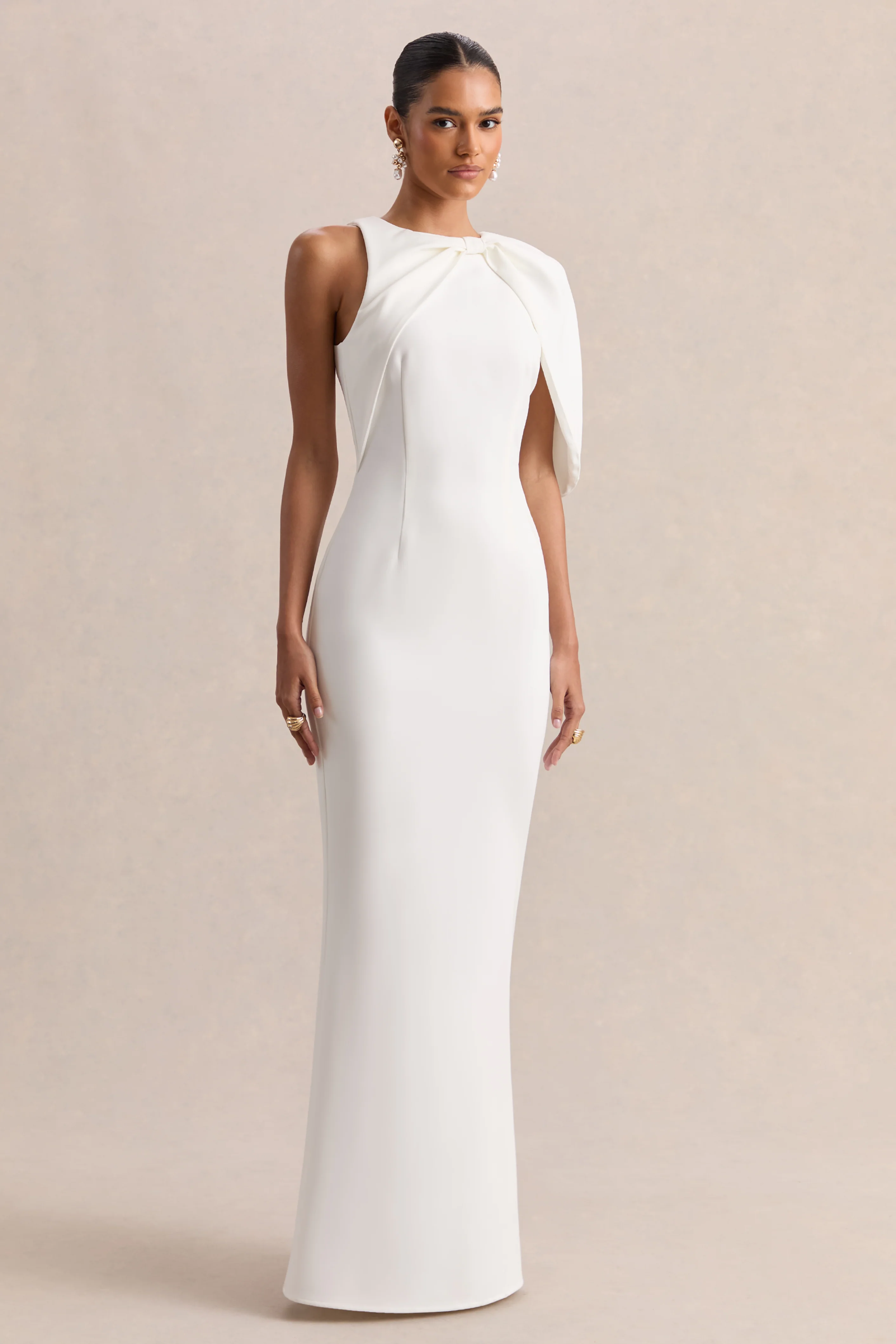 Quira | White Asymmetric-Neck Maxi Dress With Cape-Sleeve - Image 4