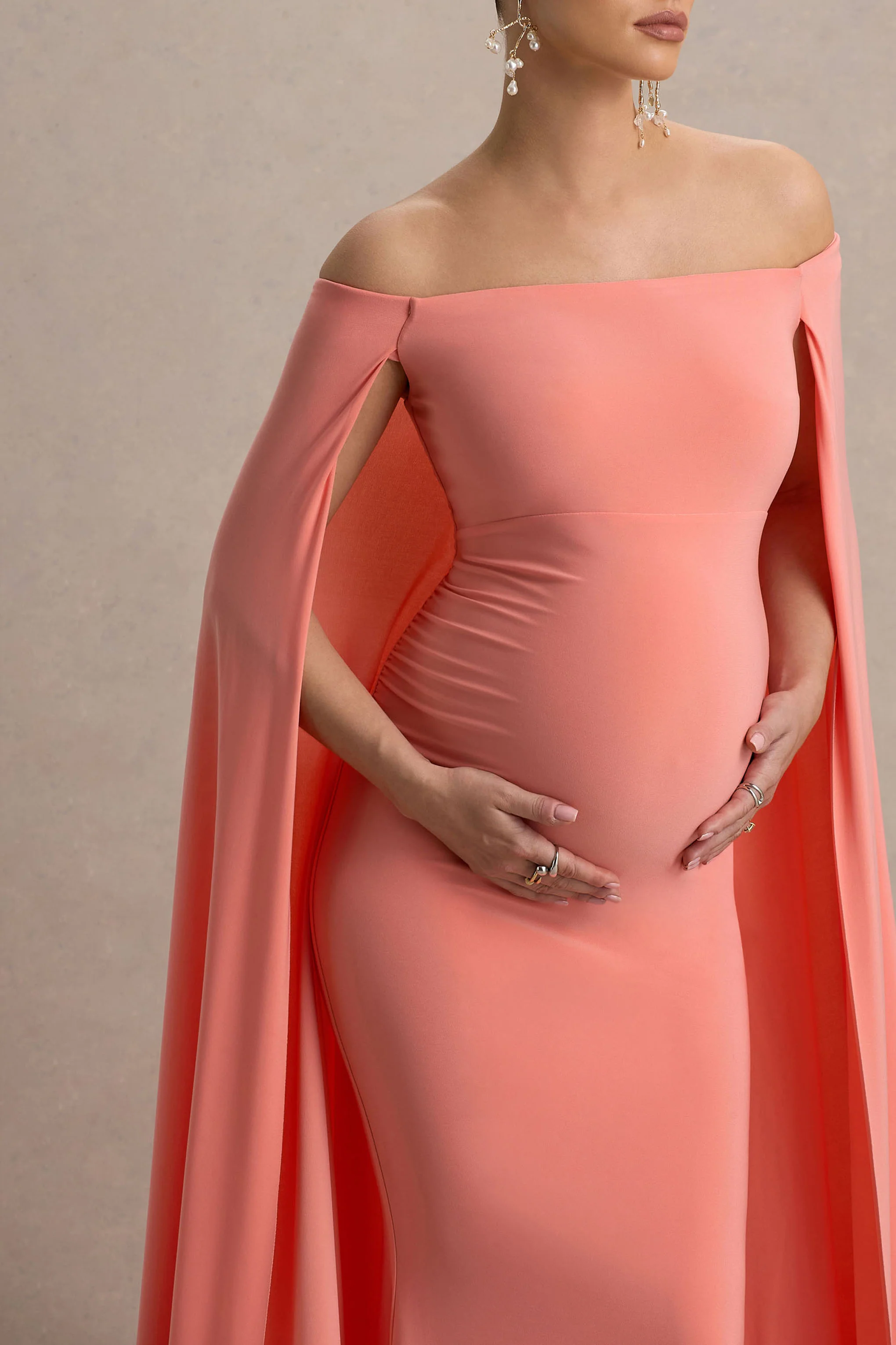 Radiance | Coral Bardot Maternity Maxi Dress With Cape - Image 3