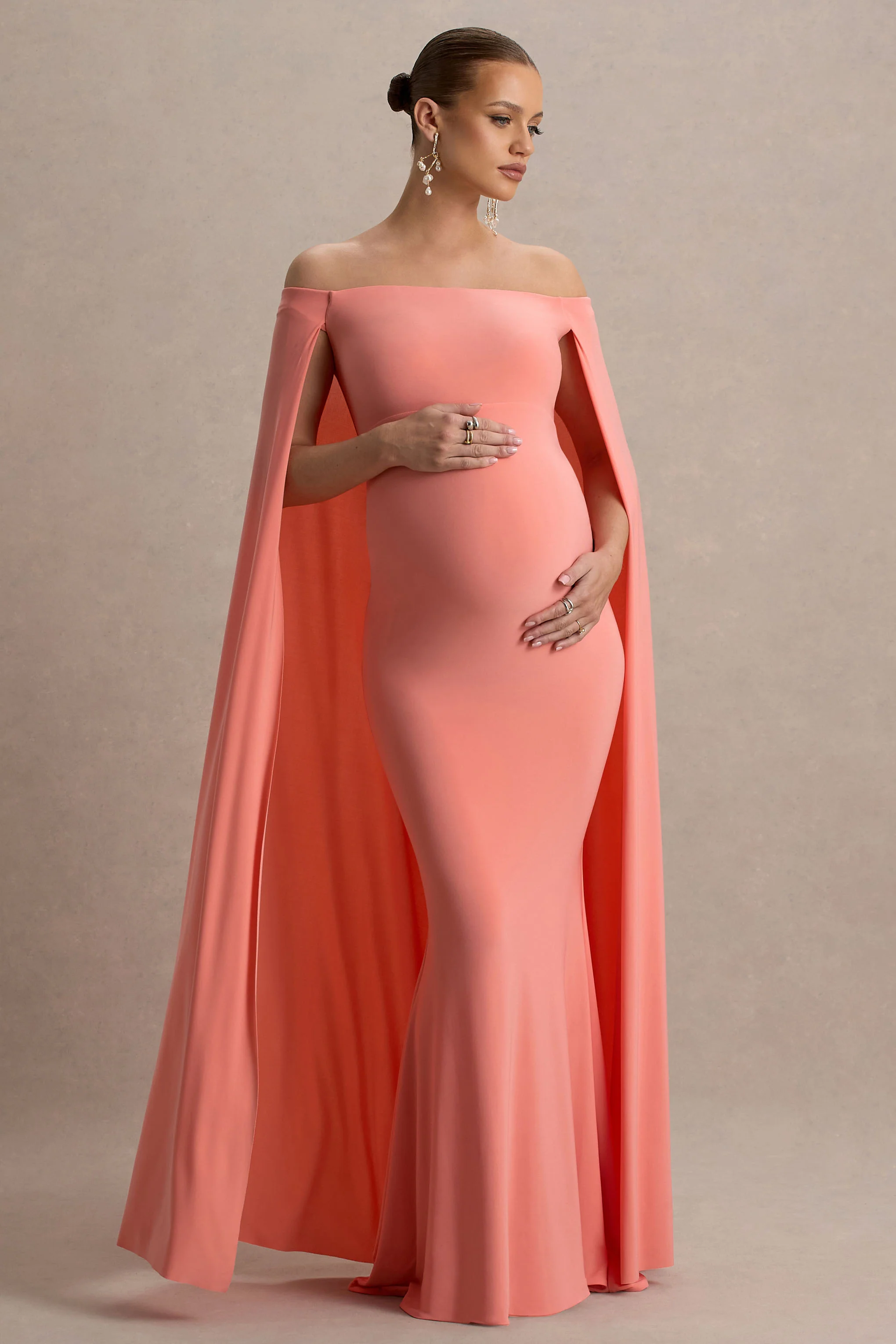 Radiance | Coral Bardot Maternity Maxi Dress With Cape - Image 4