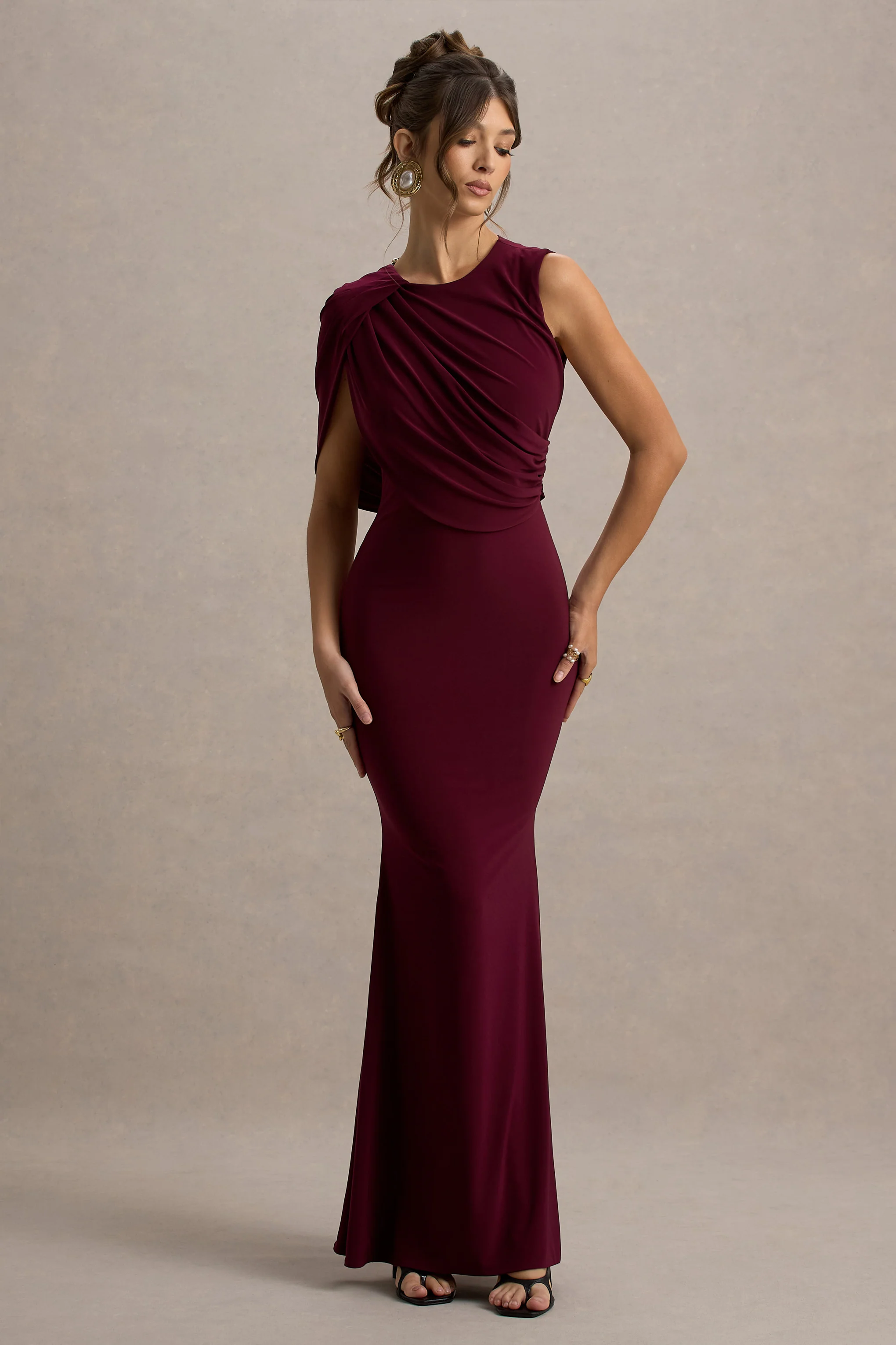 Rae | Burgundy Maxi Dress With One-Sleeve Cape - Image 5