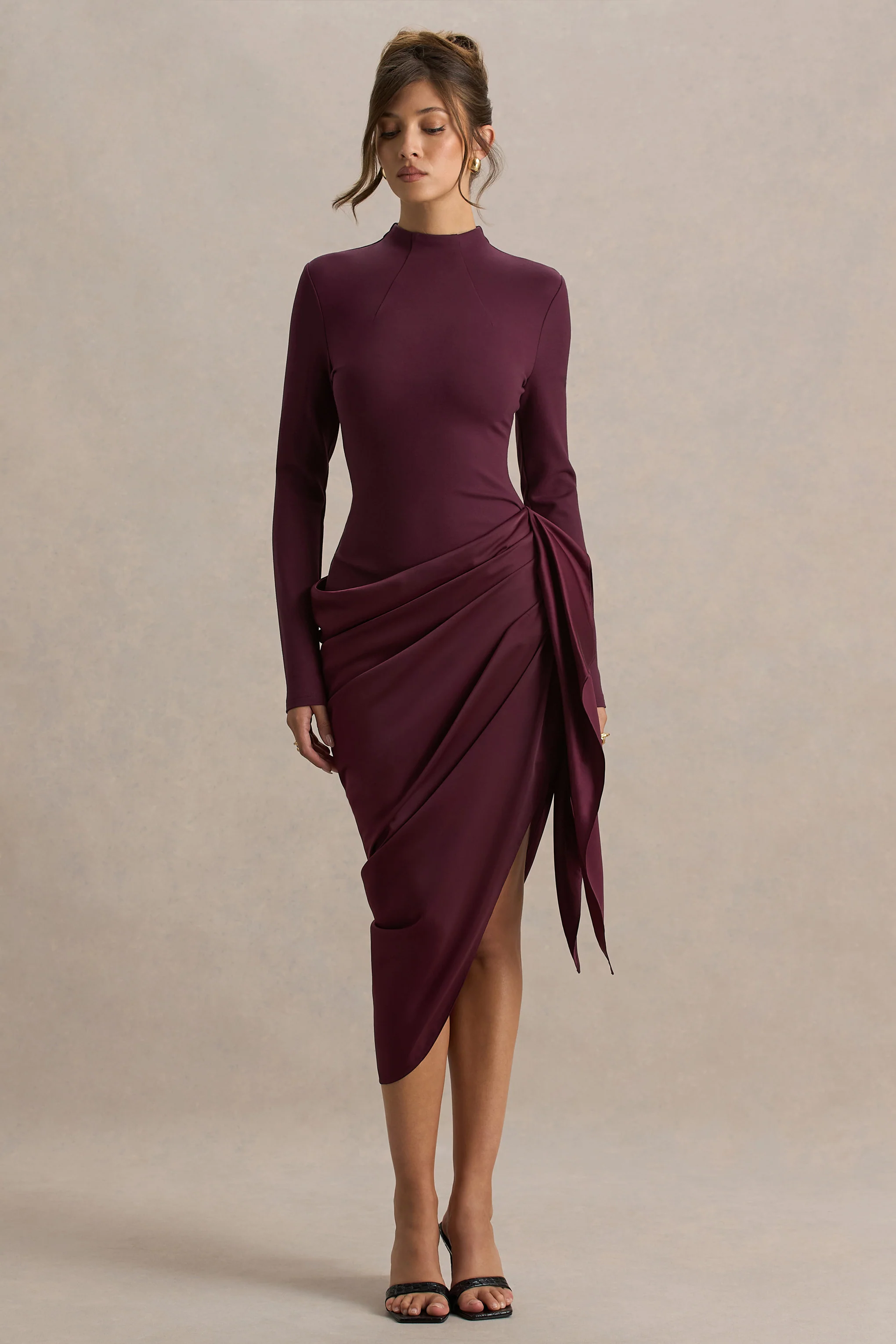 Raffie | Plum Long-Sleeve Midi Dress With Satin Wrap Skirt - Image 5